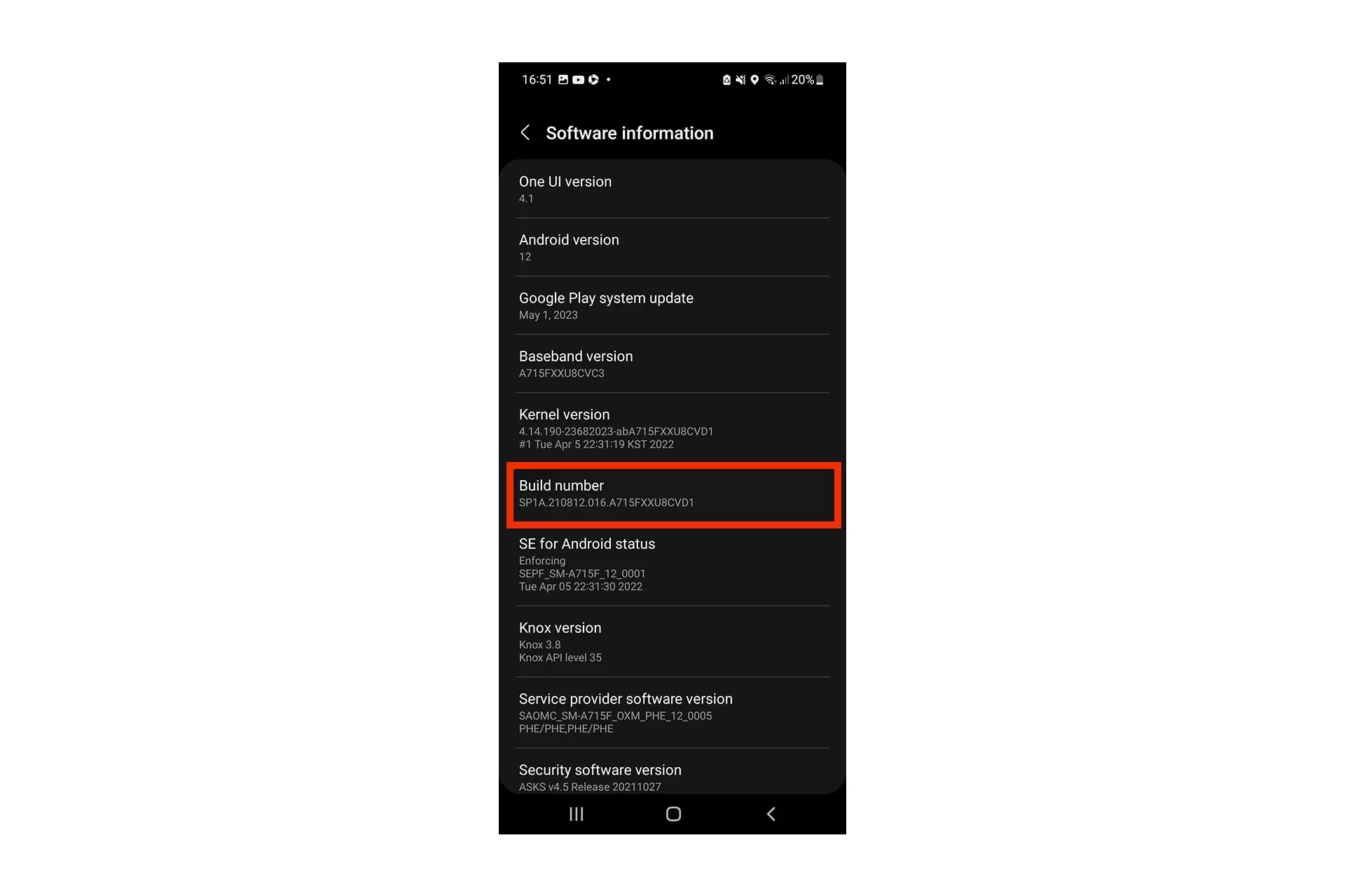 A screenshot of a Samsung Galaxy Android "Software Information" settings screen. We have highlighted the Build Number. Please note that the location of the build number varies with each Android device, and you should consult the guide provided at the link below to learn how to find yours.