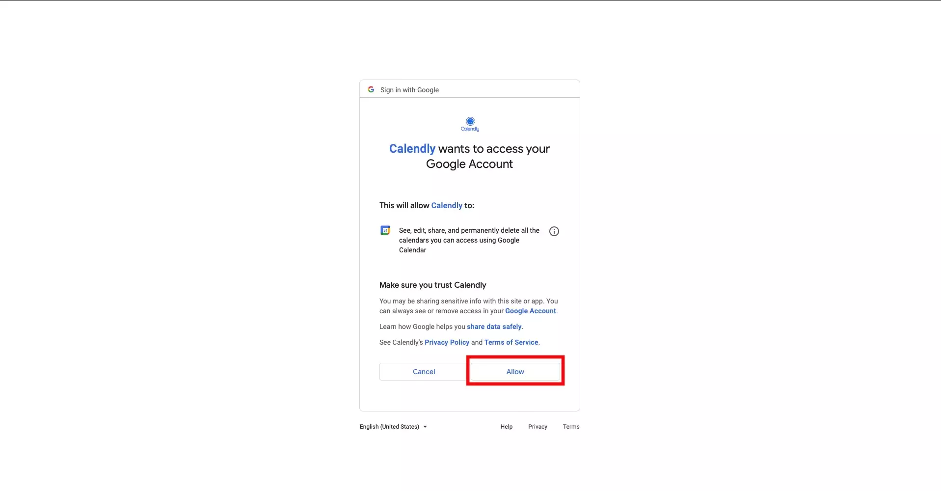The page that appears prompting you to allow access to Calendly to work with your Gmail or Google Workspace account.