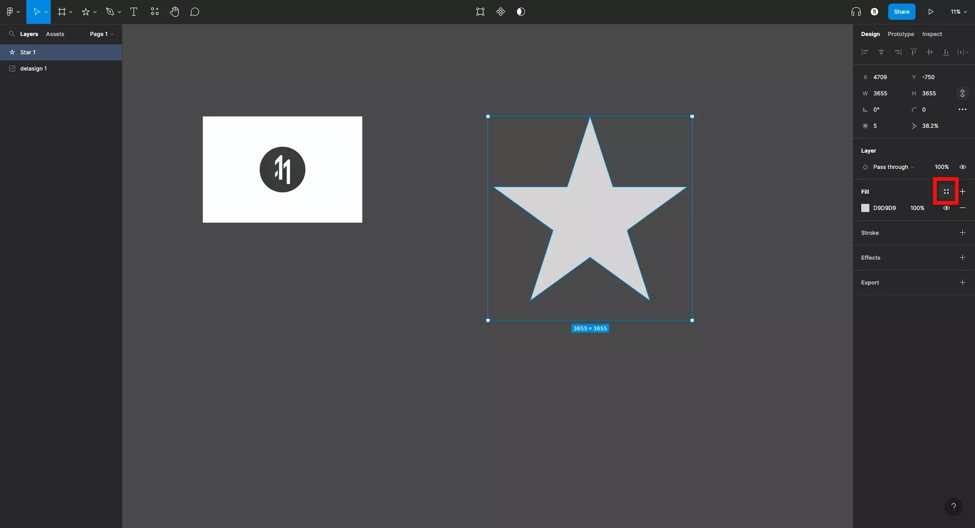 A screenshot of Figma with the star selected. Highlighted on the design inspector on the right side are the four dots in the Fill section which grant you access to the color styles.