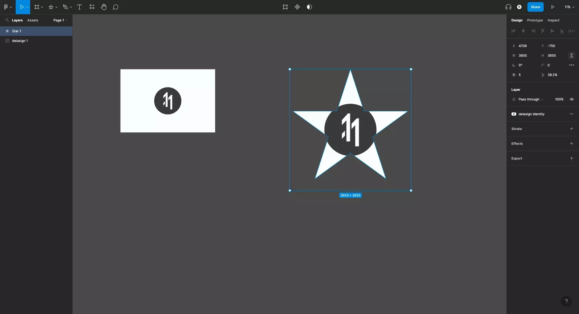 A screenshot of Figma with the delasign identity color style applied to the star that we drew in the previous step.