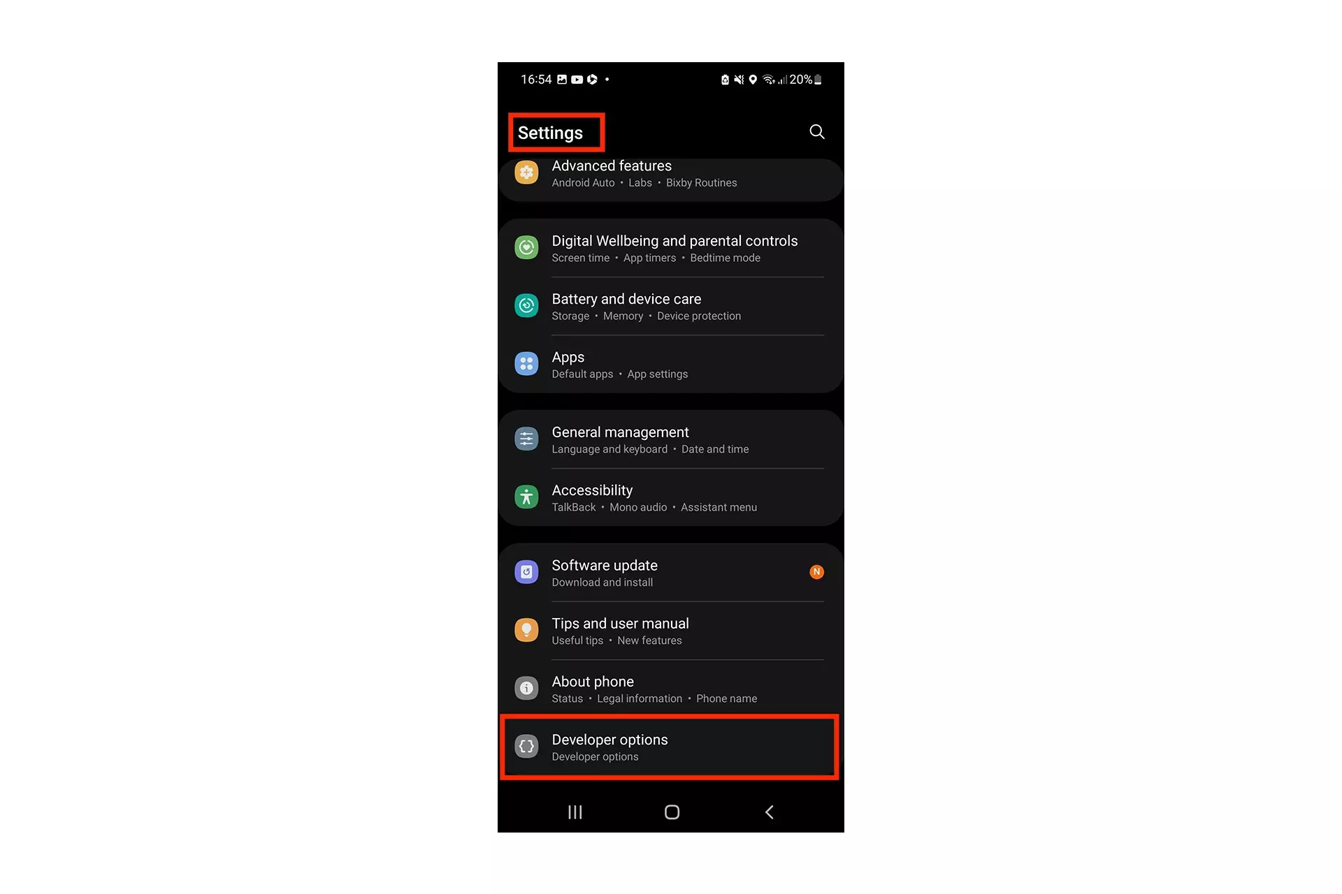 A screenshot of a Samsung Galaxy Android showing where the developer options are.