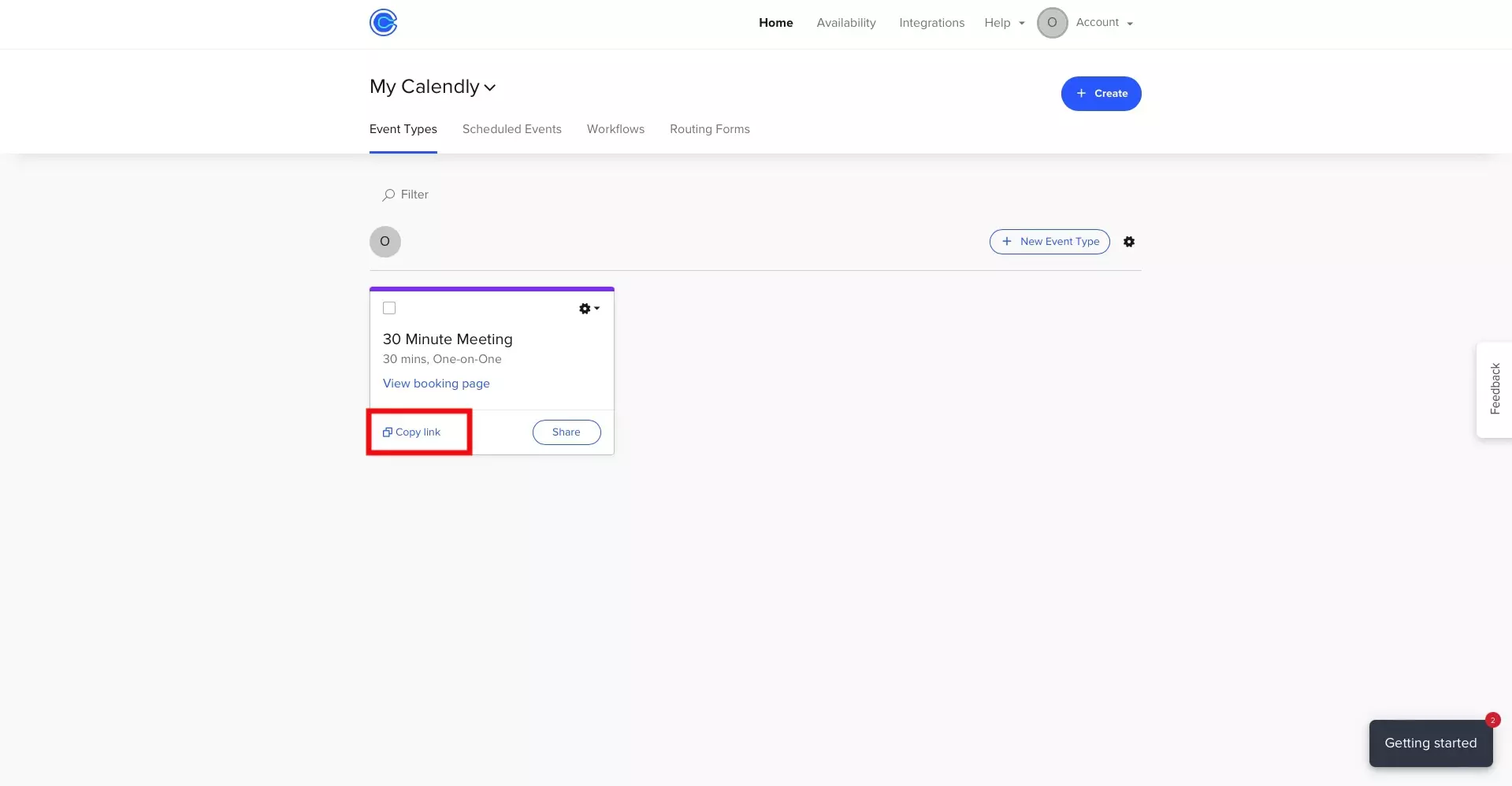 The Calendly account page that appears after completing the process. We have highlighted the place where you can copy the link to the 30 Minute 1 on 1 that is generated when you create an account.