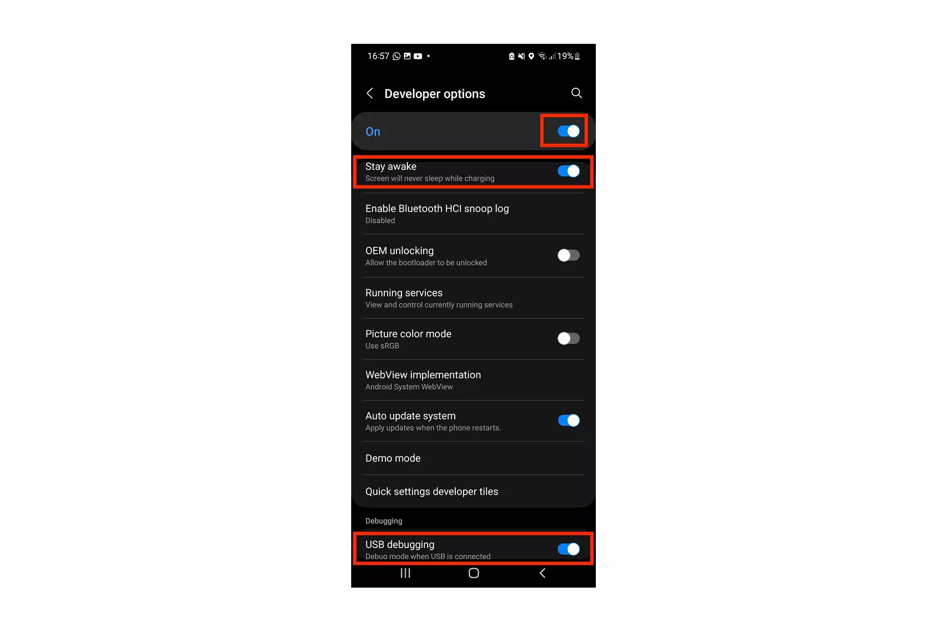 A screenshot of an Android on the Developer Options screen showing our recommended settings. The highlighted items are: Developer Mode ON, USB Debugging ON and Stay Awake ON.
