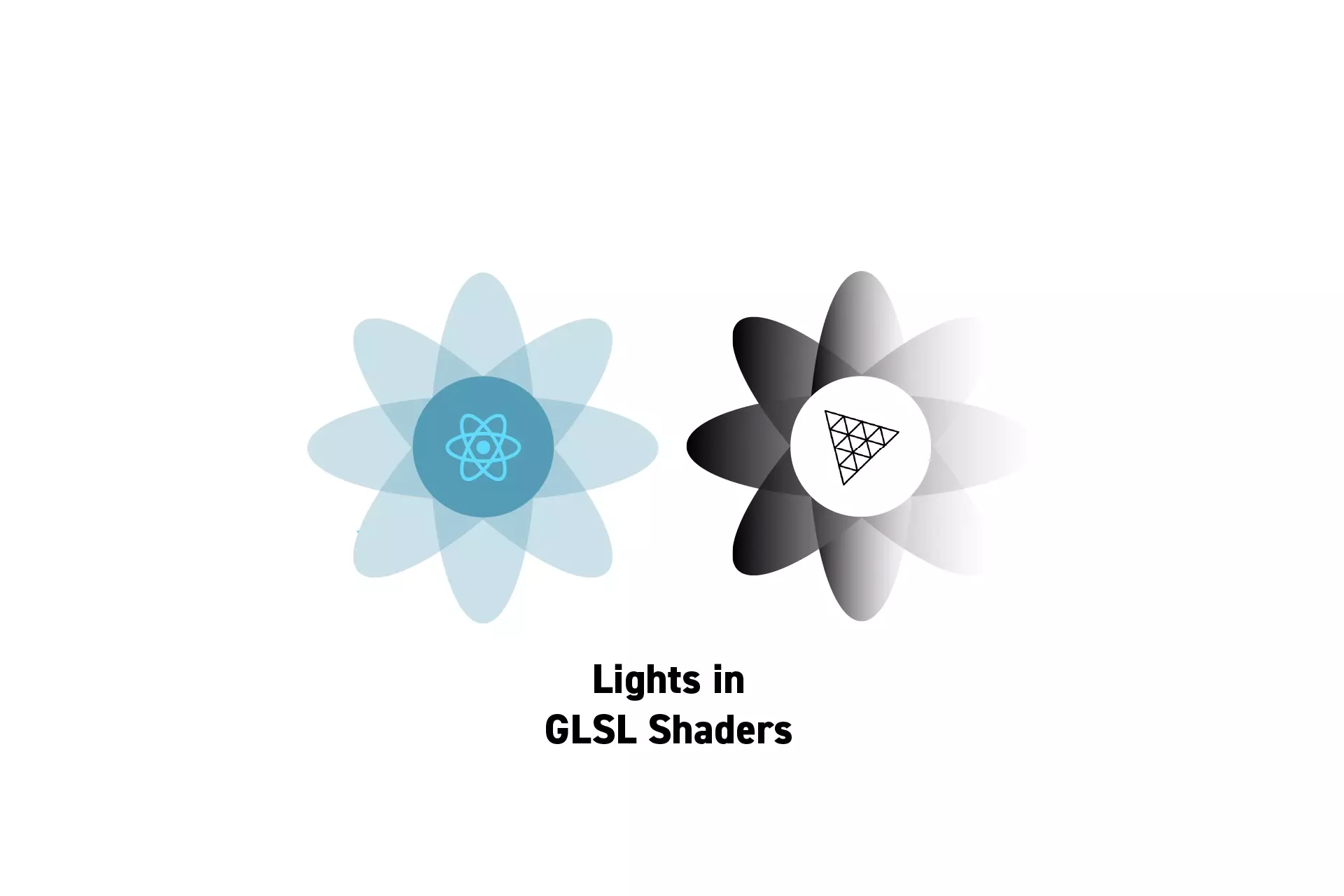 <p>Two Flowers that represent ReactJS and ThreeJS side by side, beneath them sits the text "Lights in GLSL Shaders."</p>