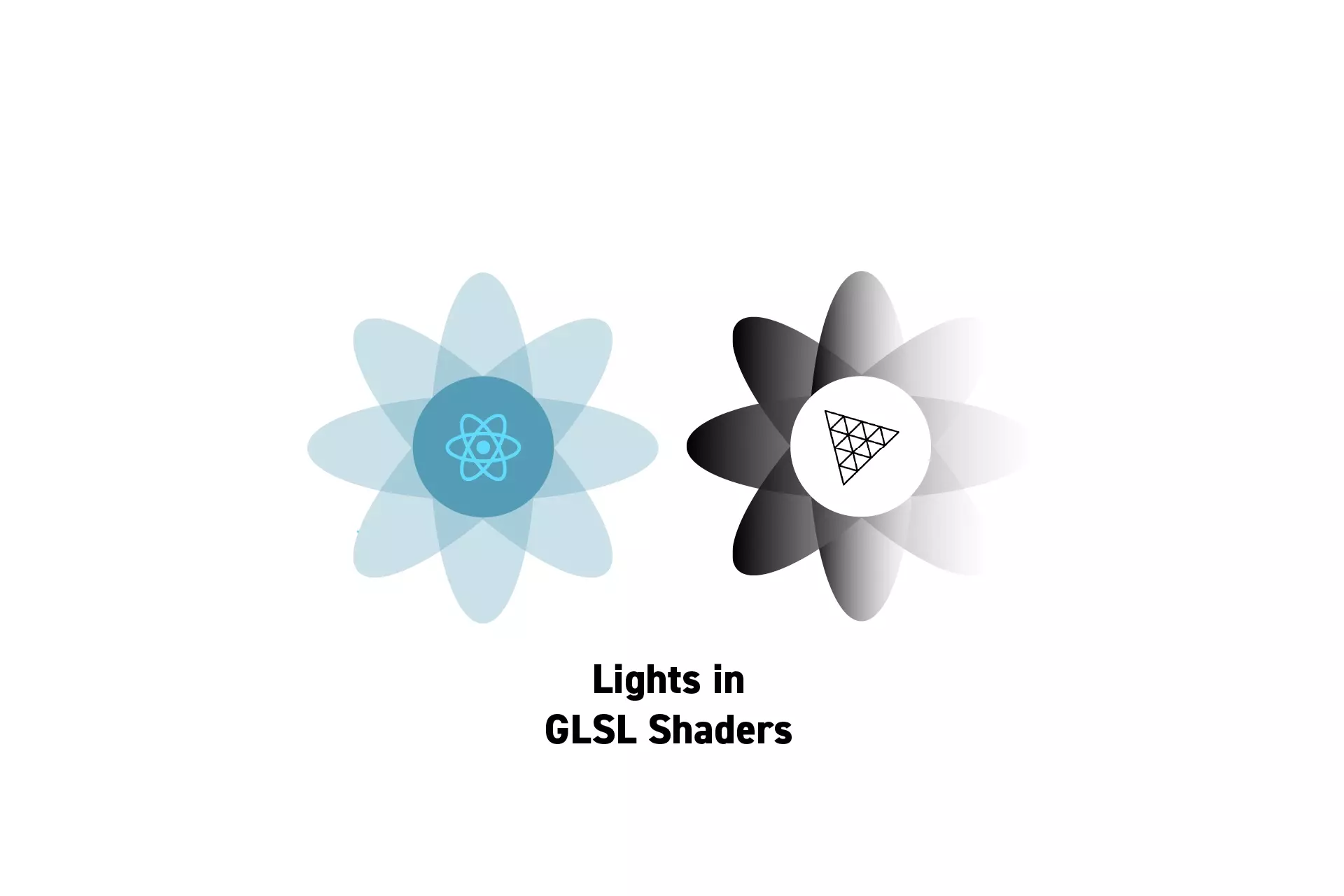 Two Flowers that represent ReactJS and ThreeJS side by side, beneath them sits the text "Lights in GLSL Shaders."