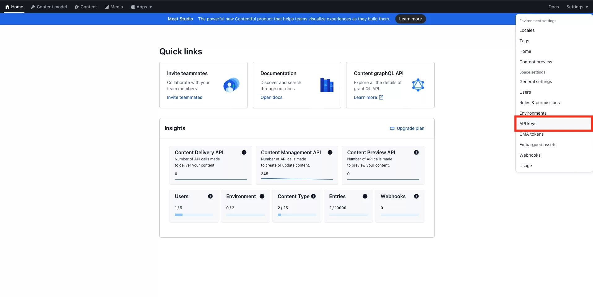 A screenshot of Contentful showing you how if you click Settings a pop up appears by which you can access the API keys.