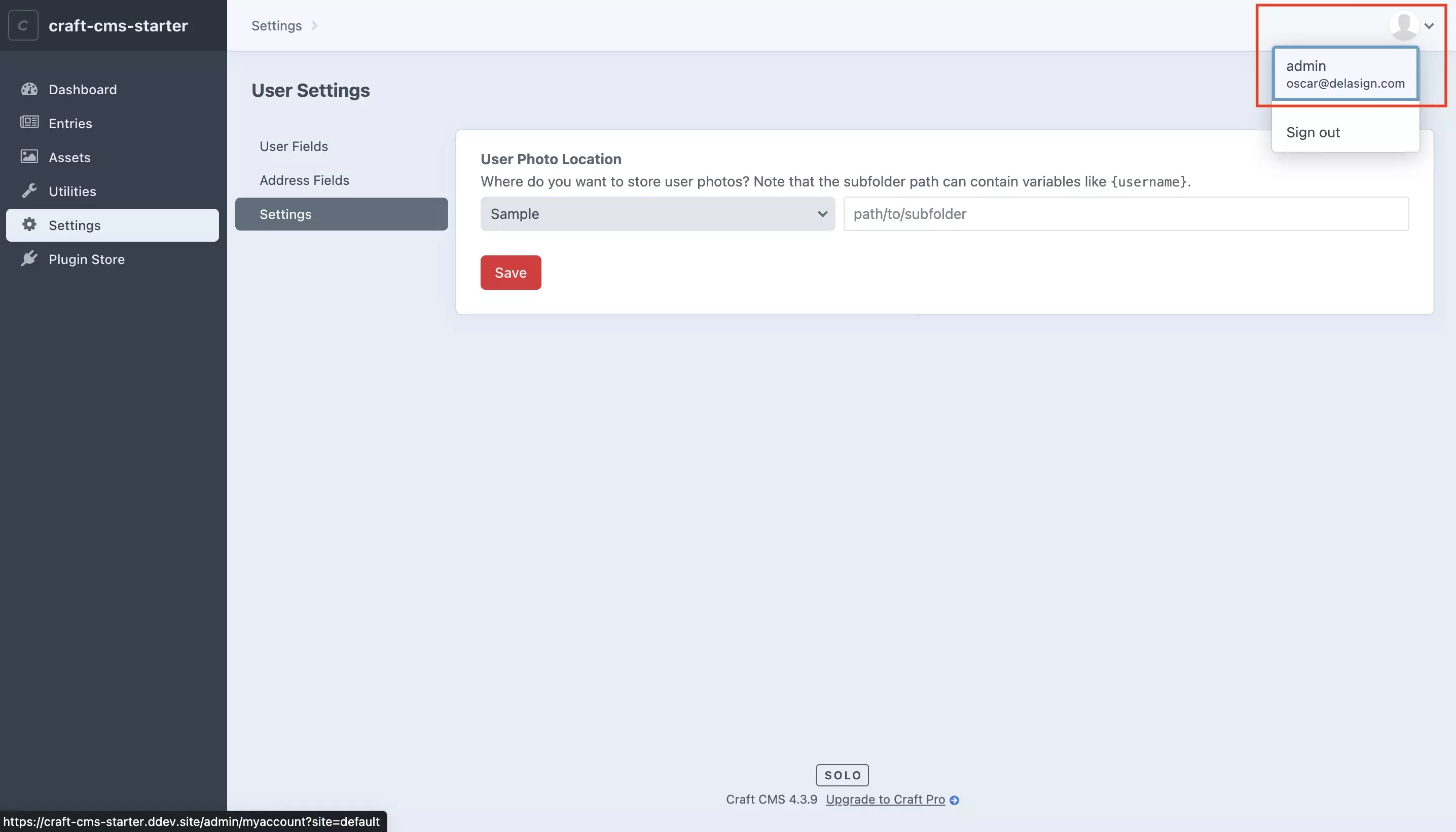 A screenshot of Craft CMS showing you that if you press the user icon on the top right you can access the admin user (or your user). Press it and move onto the next step.