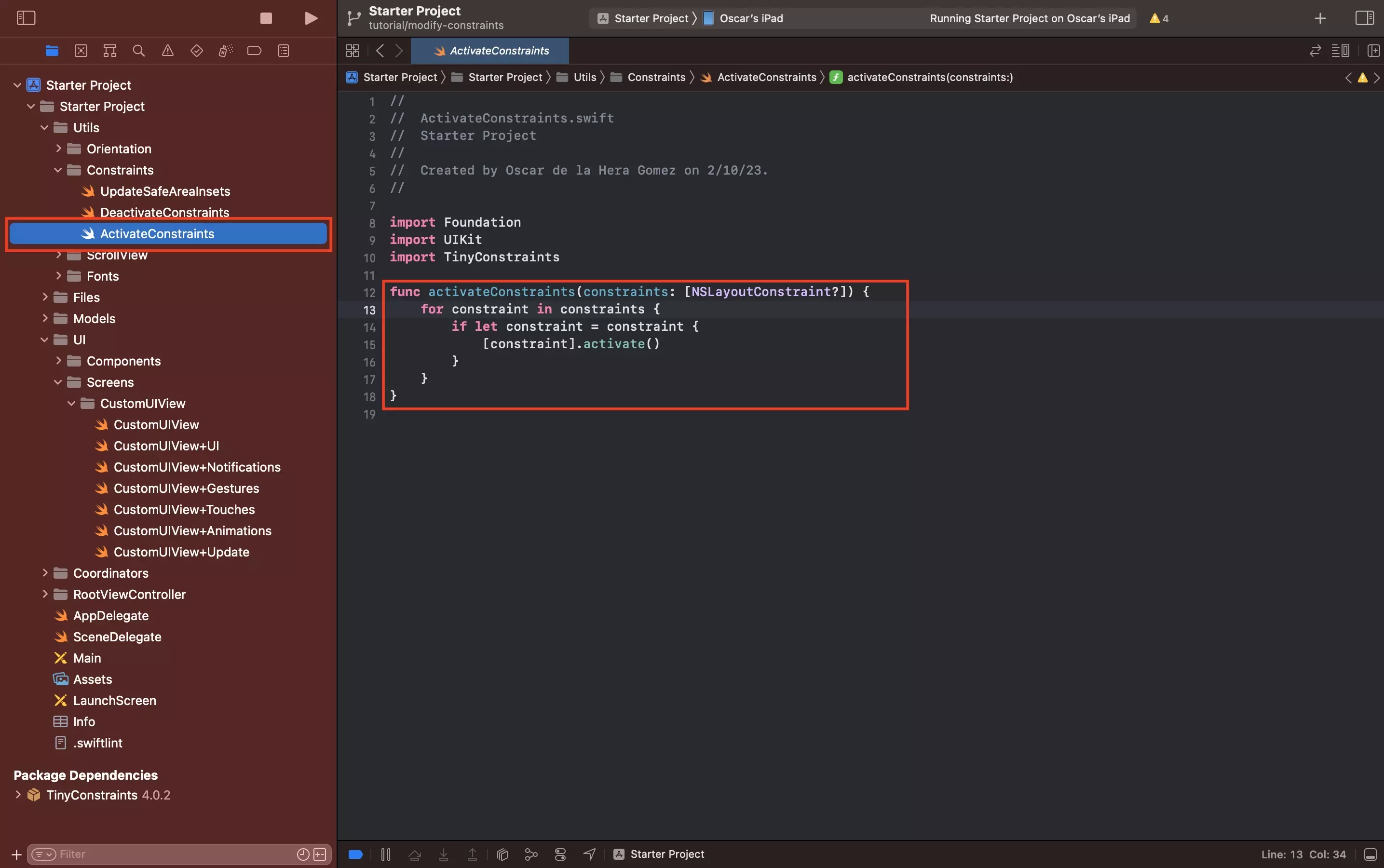 A screenshot of Xcode with a highlight on the Activate Constraints utility location, as well as its code.