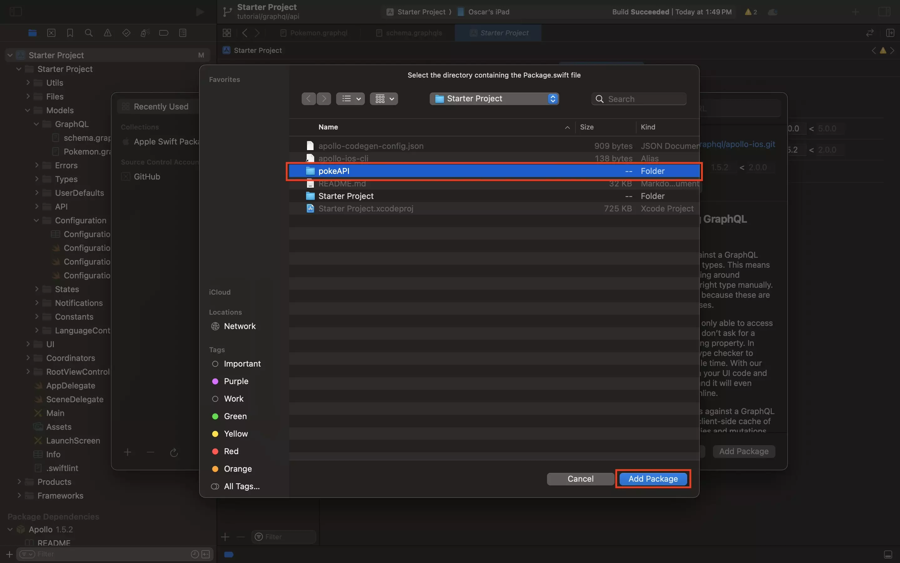 <p>A screenshot showing the finder window that appears allowing you to select and add a local package. We have highlighted the PokeAPI folder that was generated in Step Eleven.</p>