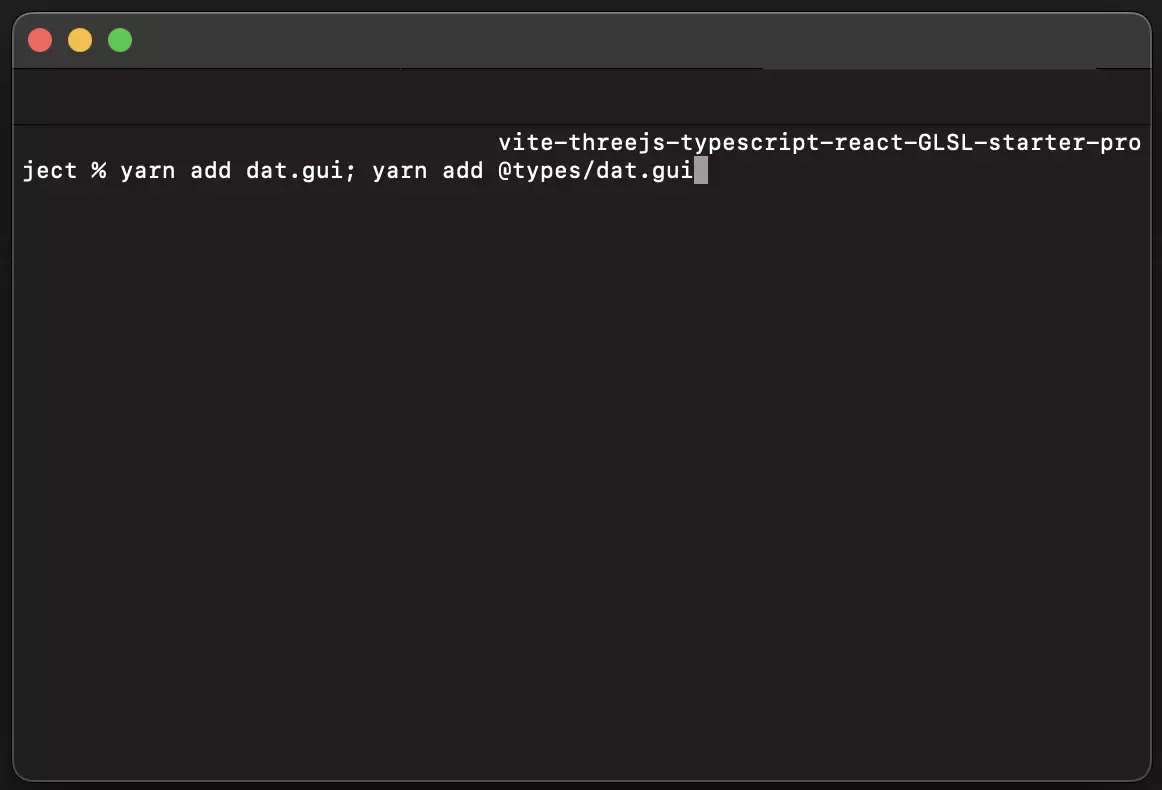 A screenshot of terminal showing you how to add the dat.gui dependencies.