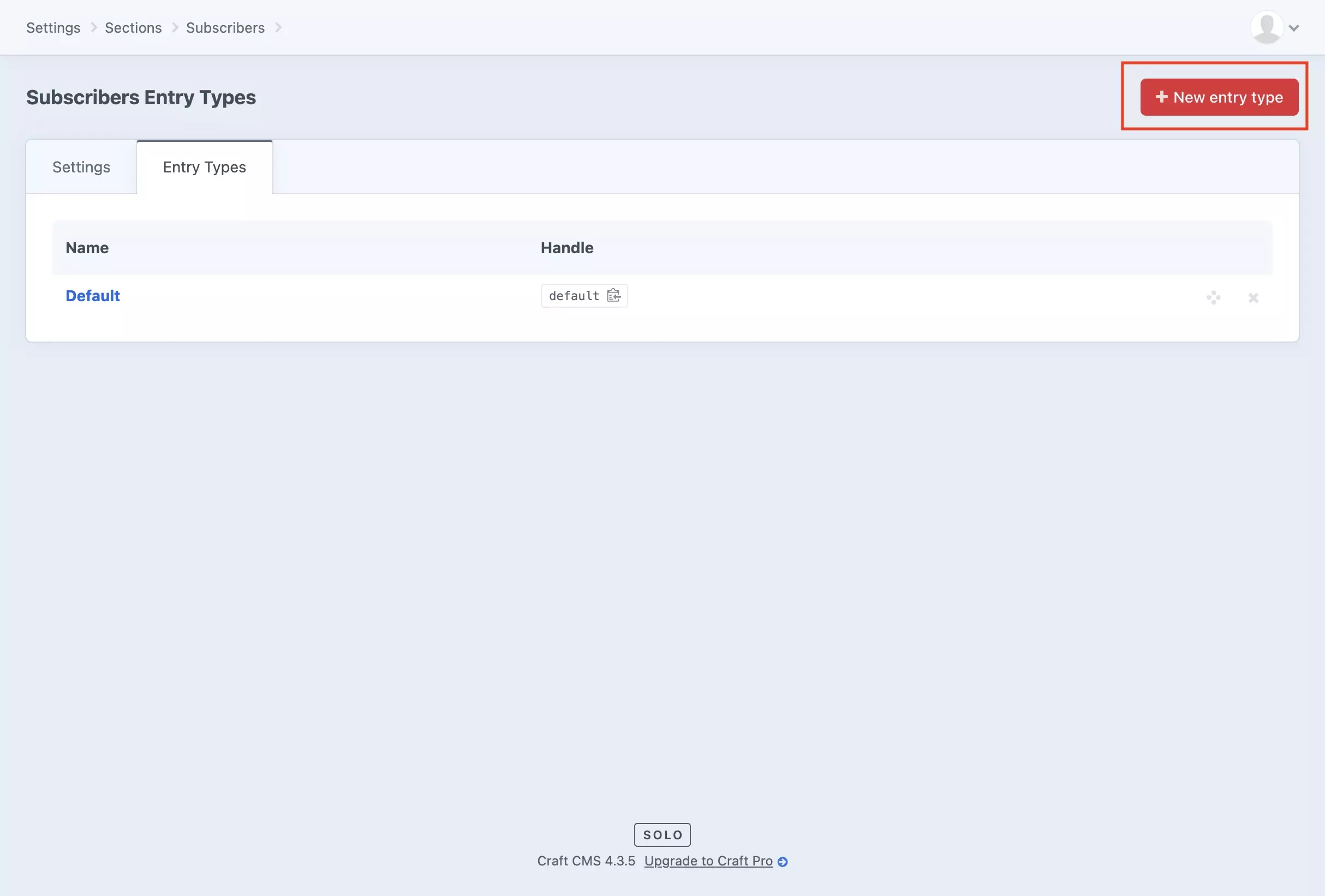 A screenshot of the Subcribers Channel Entry Types with a highlight on the "+ New entry type" button.