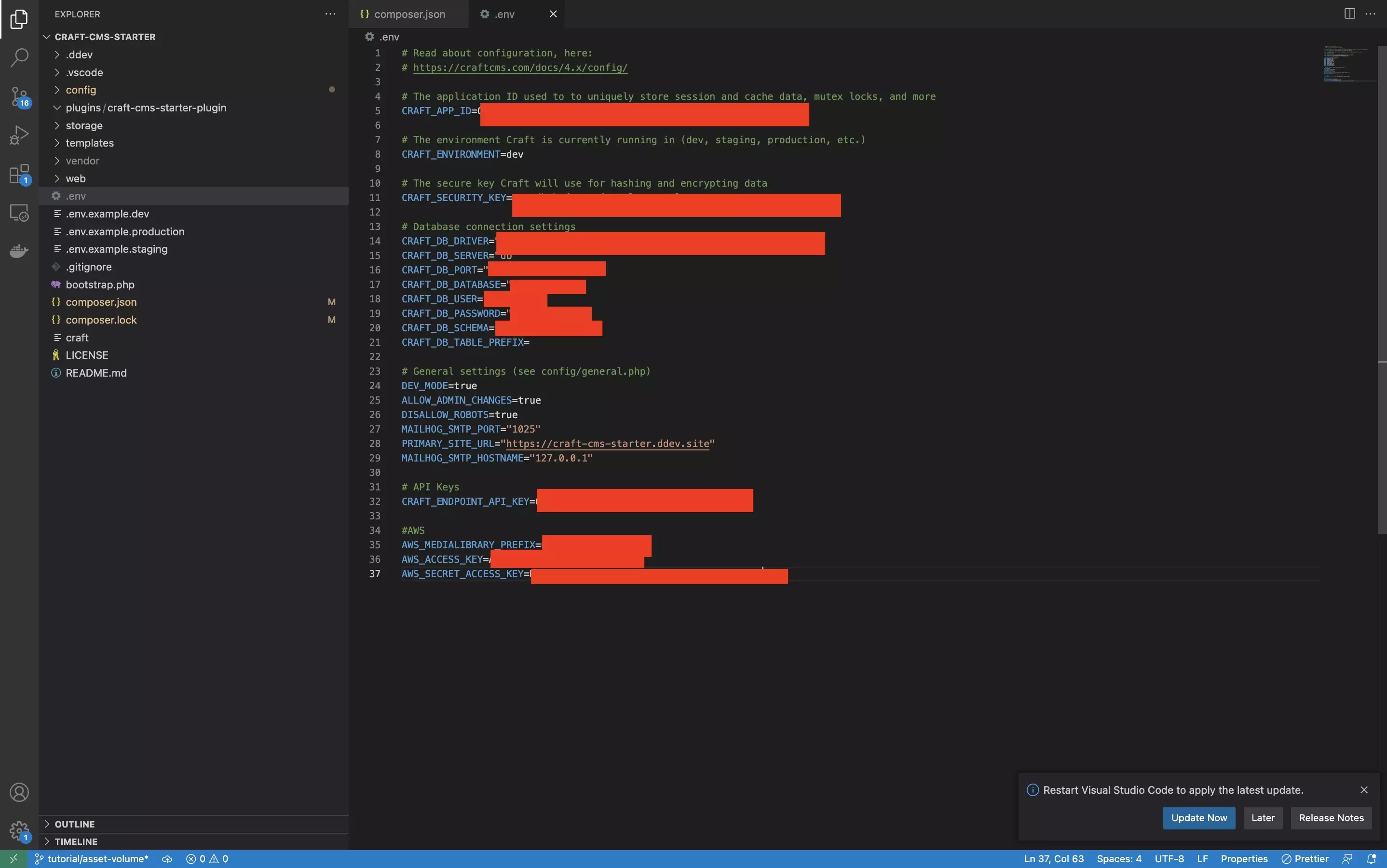 A screenshot of VSCode showing the .env file of the Craft CMS.