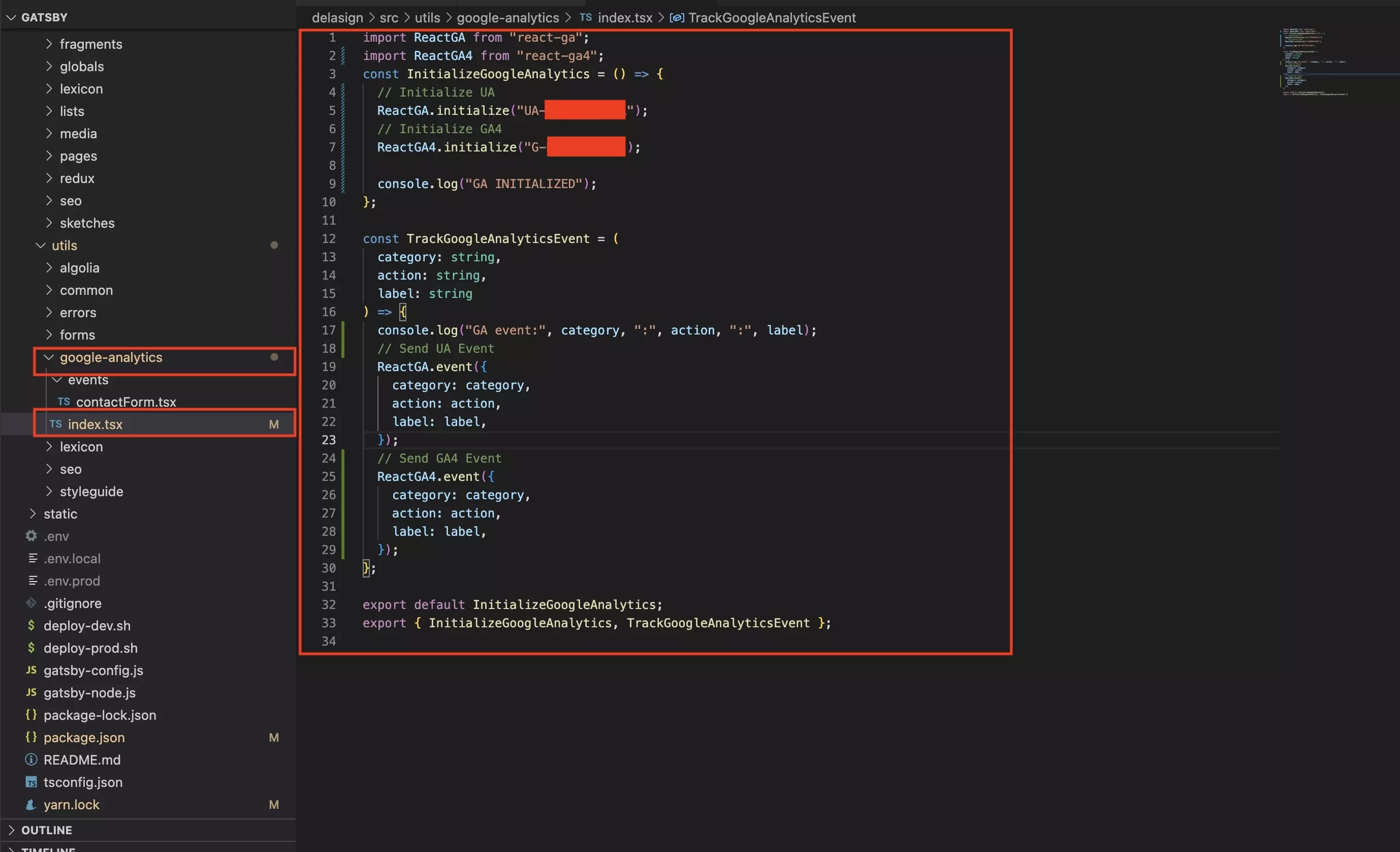 A screenshot of VSCode showing the functionality that we created for the Google Analytics to work.