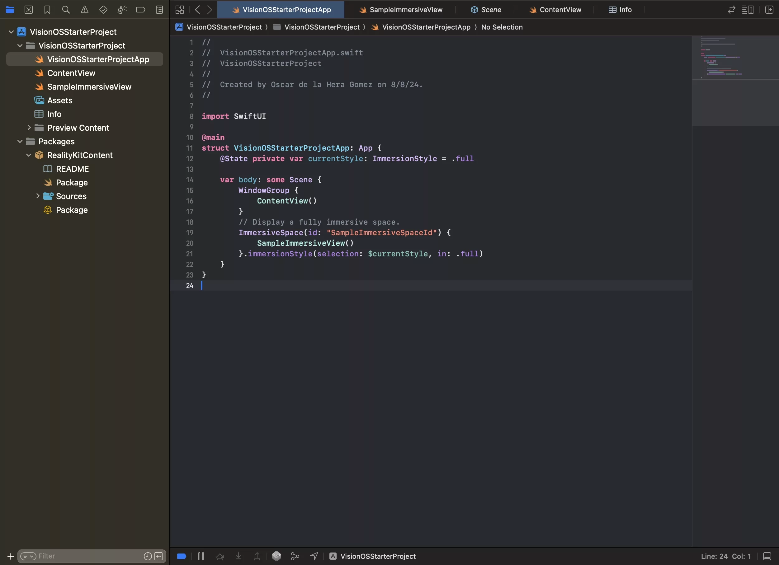 A screenshot of XCode showing how we added an immersive space to the app.