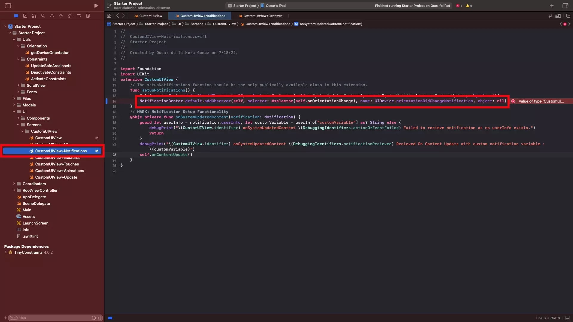 A screenshot of Xcode with a highlight on the observer that was added within the CustomUIView+Notifications.swift file.
