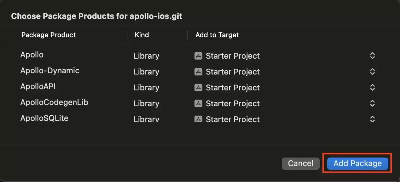 A screenshot showing you how to select the main package within the Apollo Swift Package offered by the Xcode swift package manager.