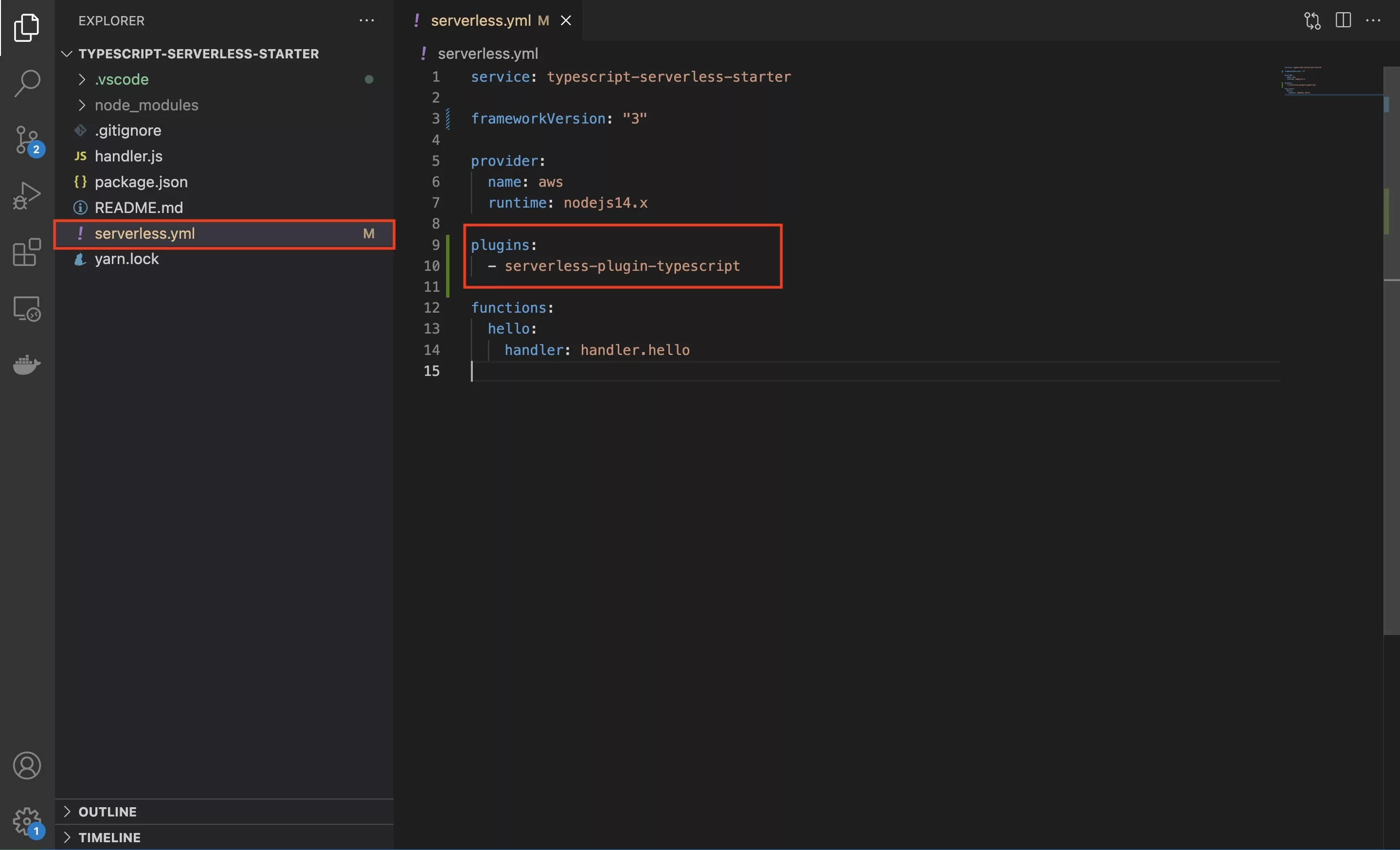 A screenshot of Visual Studio Code showing how we added the Typescript Plugin to the serverless.yml file.