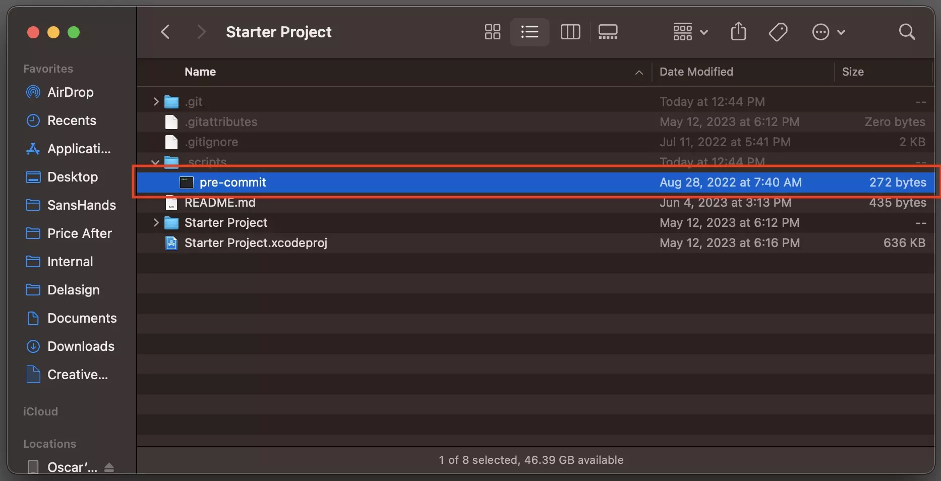 A screenshot of Finder showing the pre-commit file within the .scripts folder.