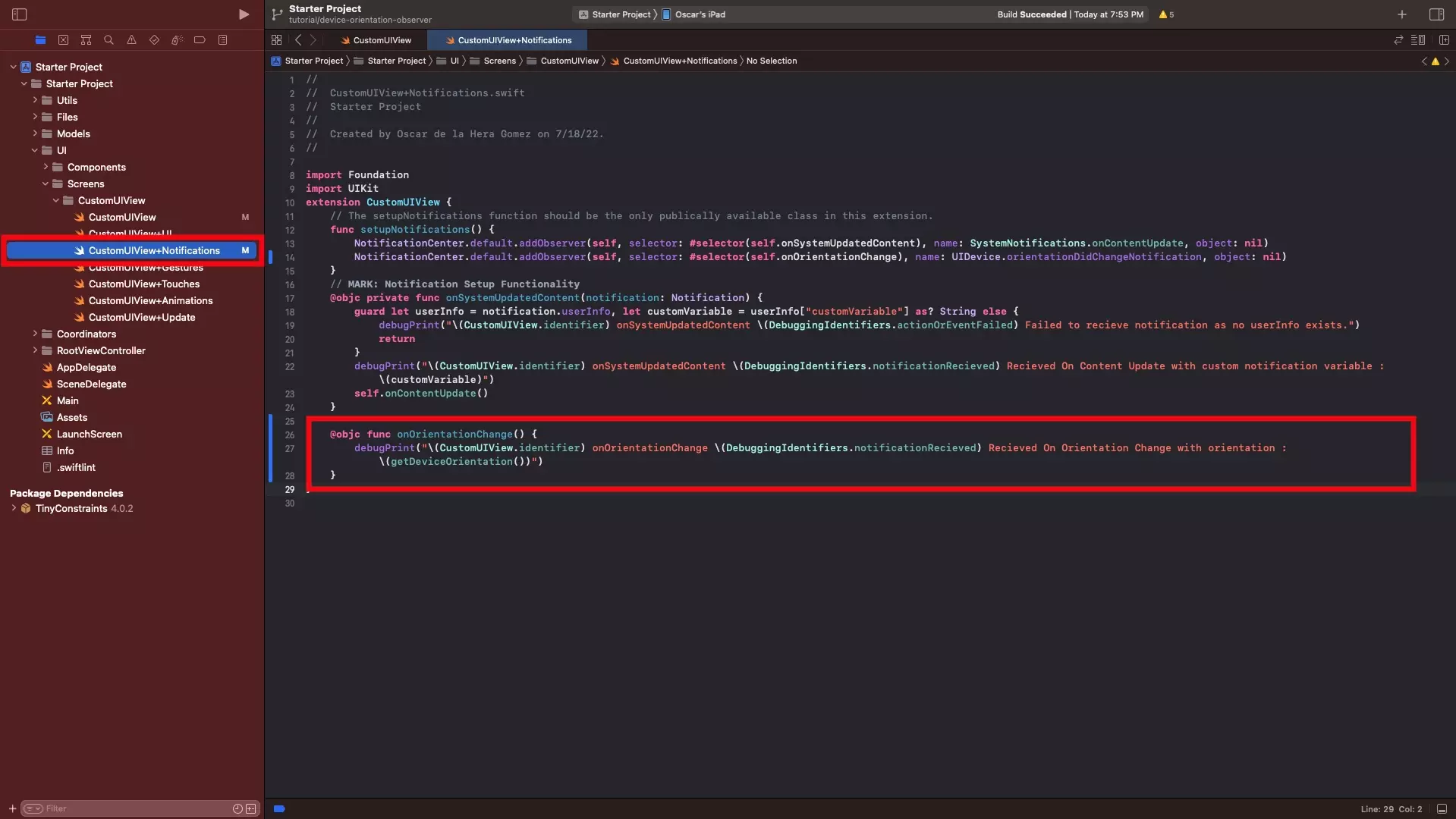 A screenshot of Xcode with a highlight on the function that was added to the CustomUIView+Notifications.swift file.