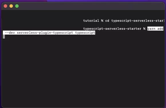 A screenshot showing you how to add Typescript to your serverless project.