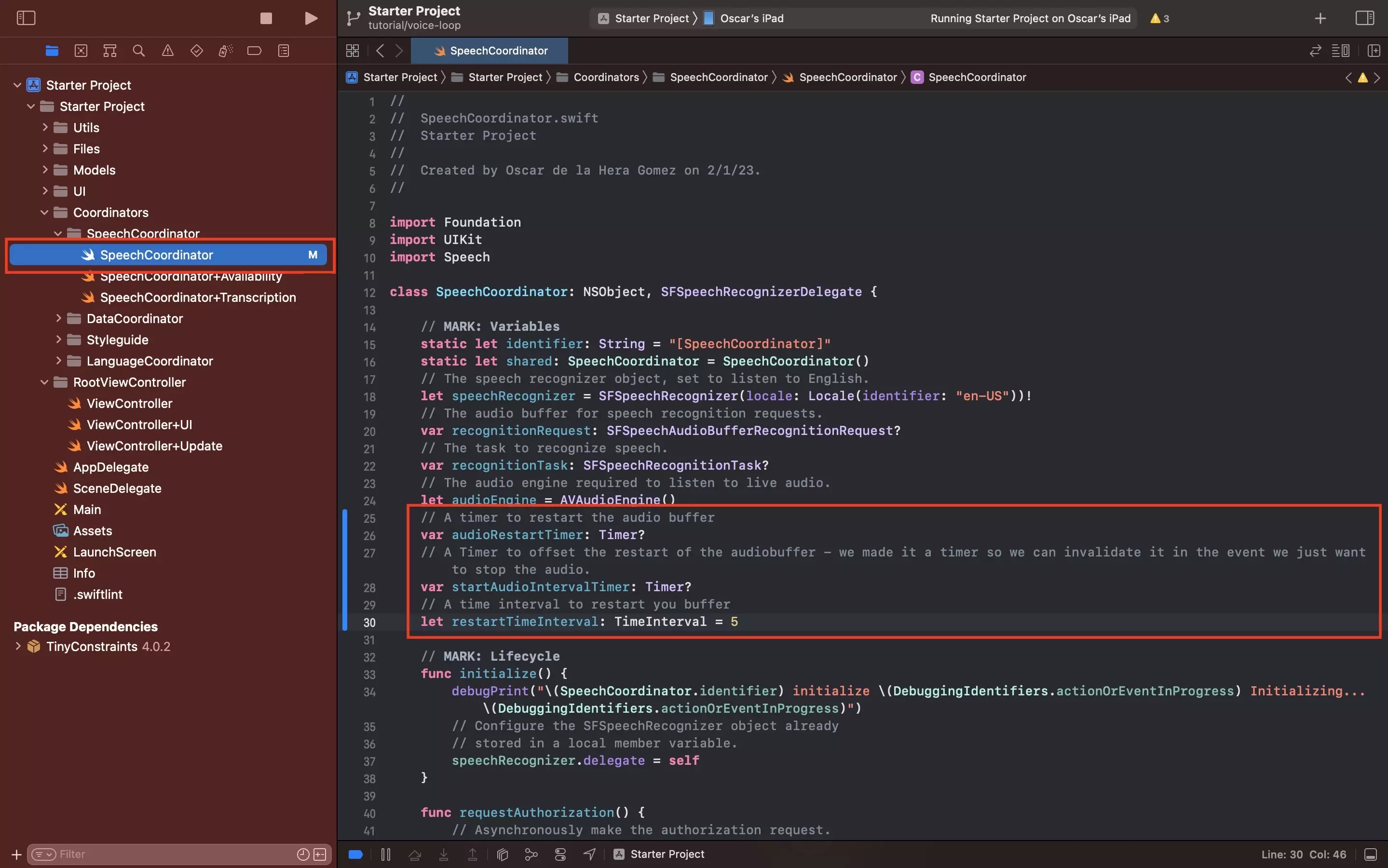The SpeechCoordinator.swift open in Xcode with a highlight on the variables that you must add for this tutorial.