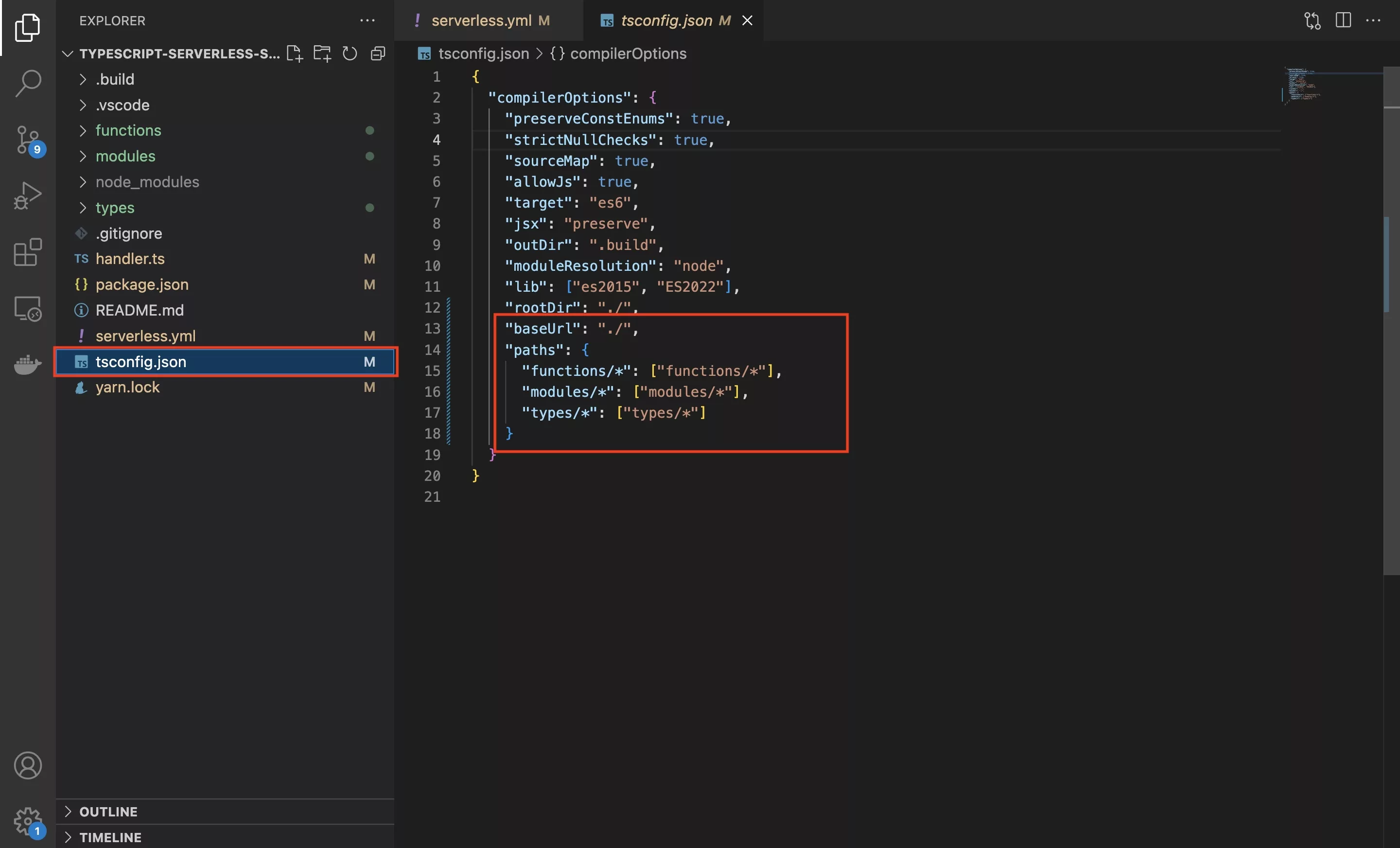 A screenshot of VSCode showing the updated tsconfig.json. Make sure you add a baseUrl and the paths.