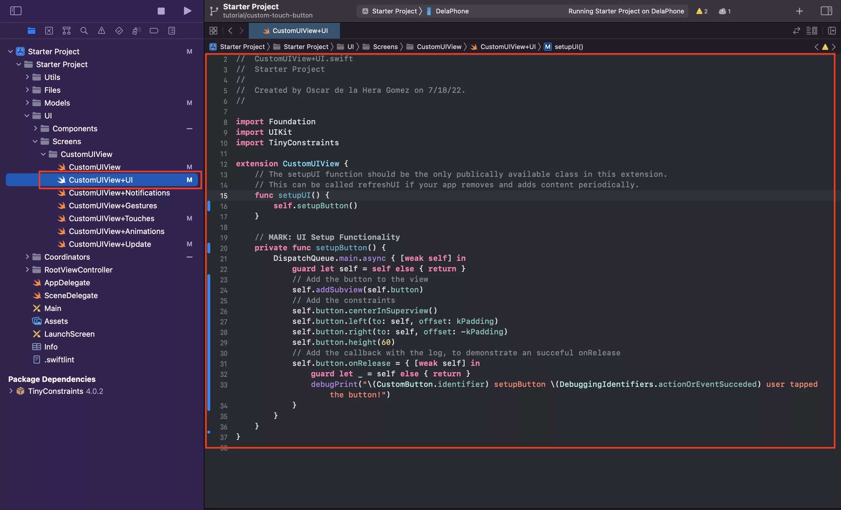 A screenshot of Xcode of the CustomUIView UI extension, demonstrating how we added the CustomButton to the CustomUIView.