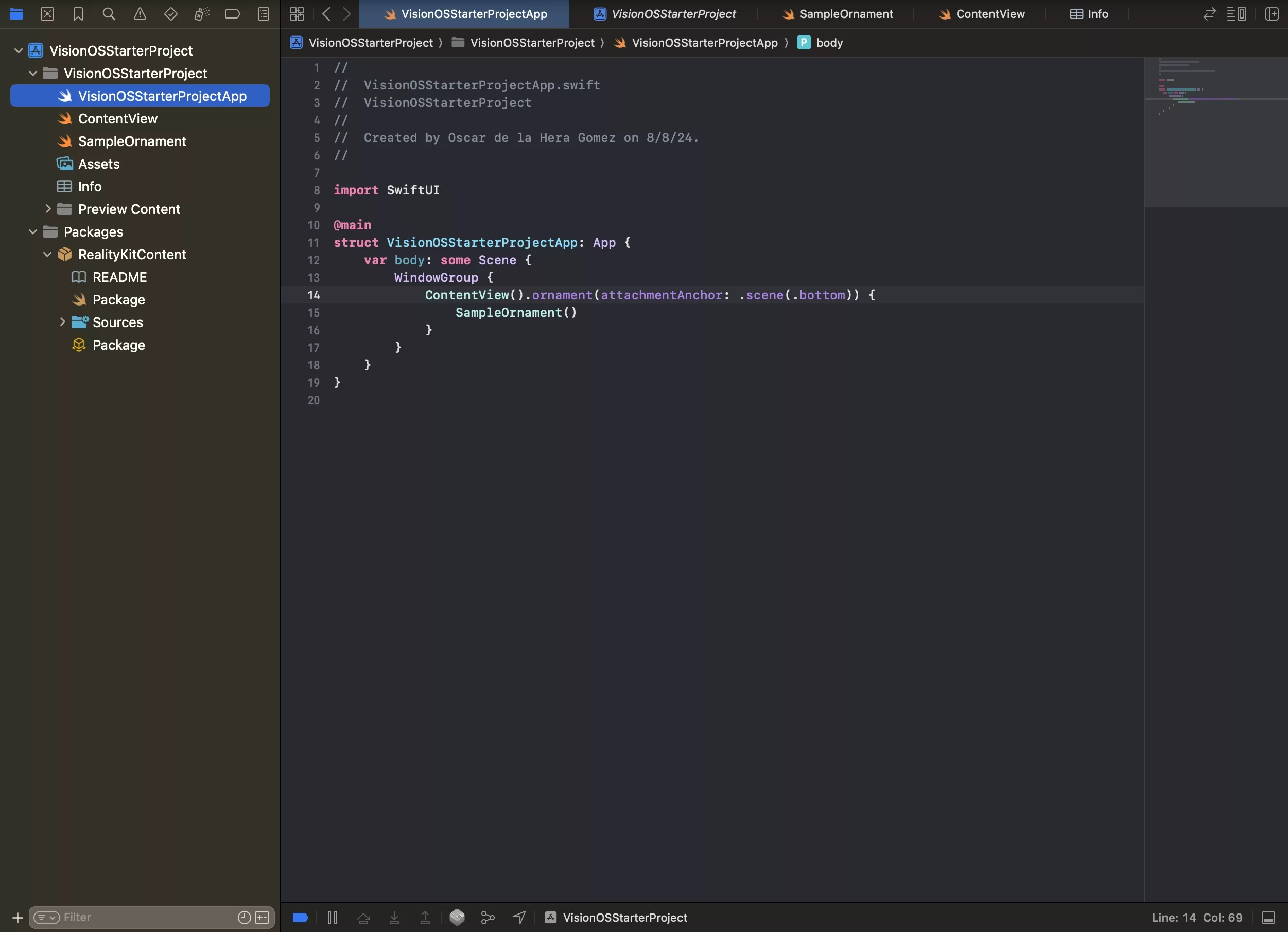 A screenshot of XCode showing the VisionOS App showing how we add an ornament to a window or volume.