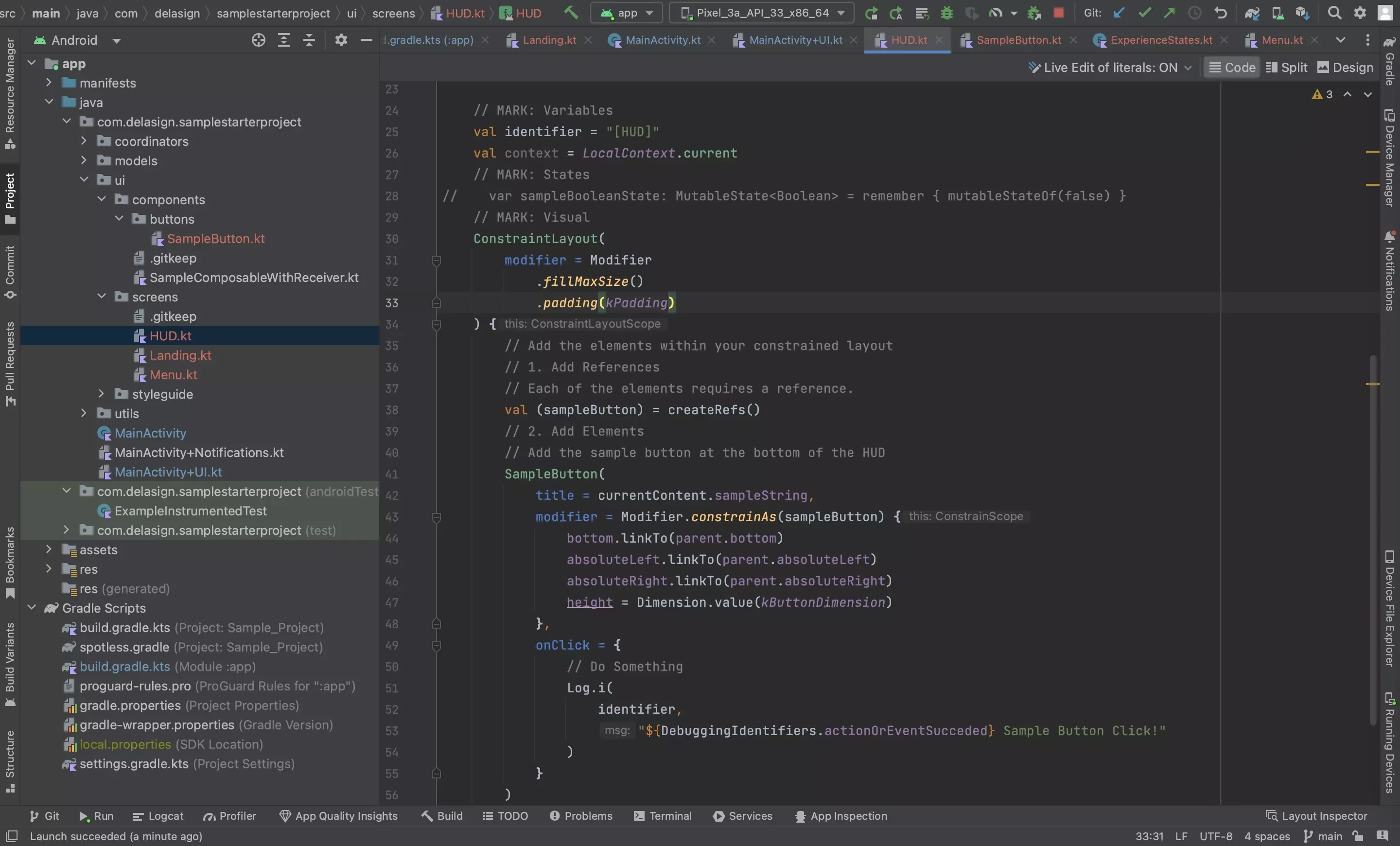 A screenshot of Android Studio showing how to add the custom button to the UI.
