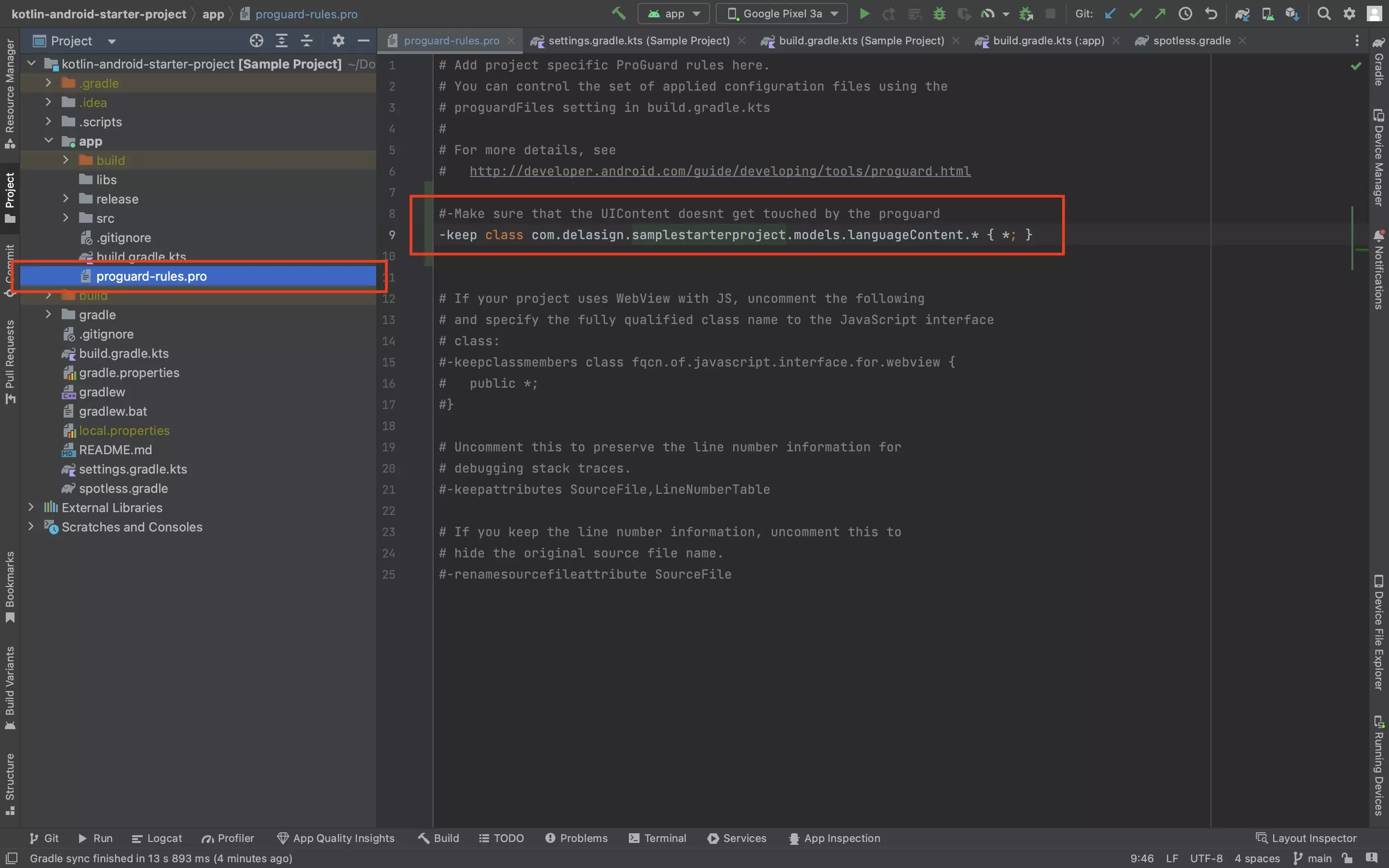 A screenshot of Android Studio with the proguard-rule.pro file open. Highlighted is a demonstration of how we stop the obfuscation of our language directory to ensure that the JSON data class works after being released.