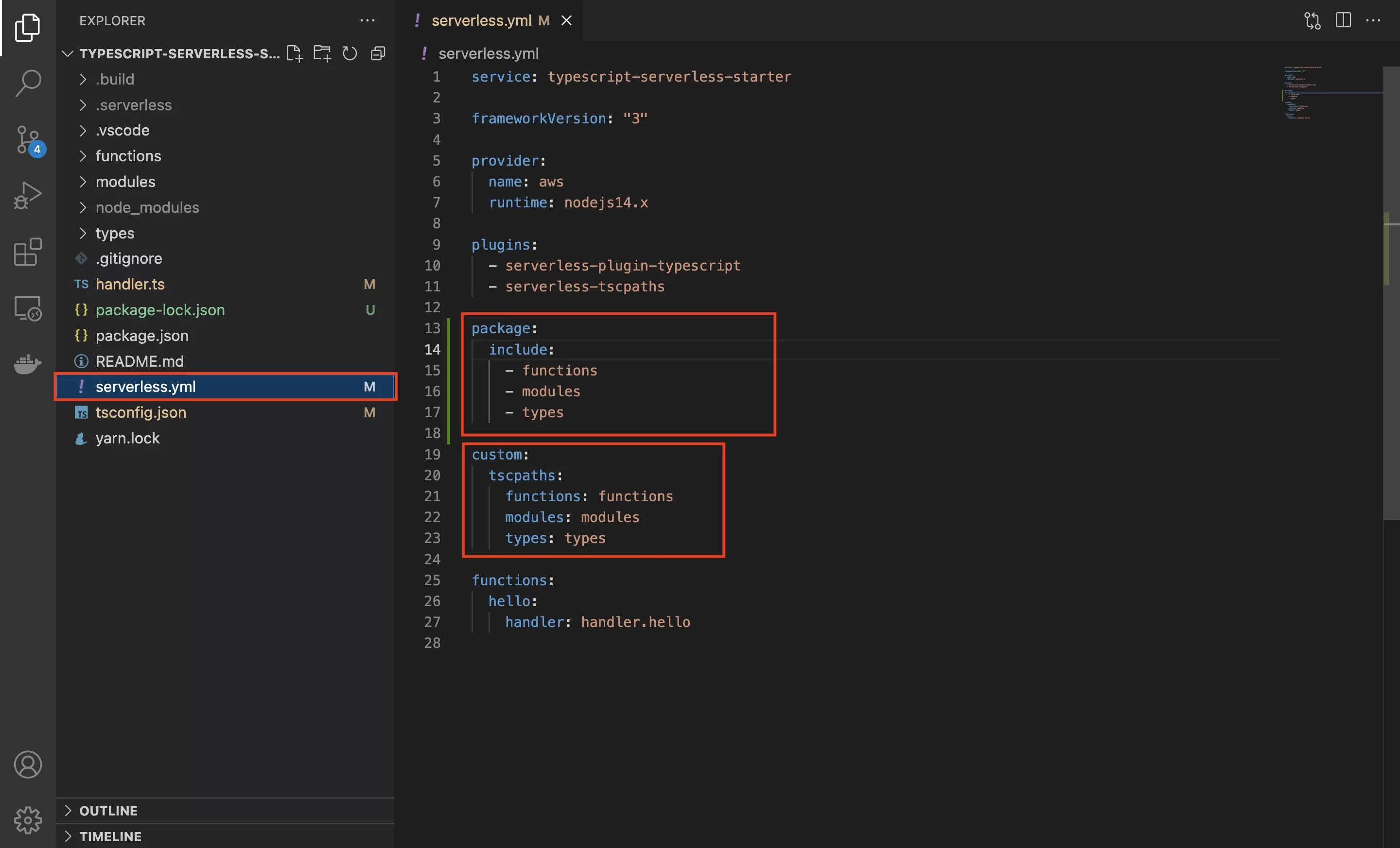 A screenshot of VSCode showing the updated serverless.yml file with the custom paths.