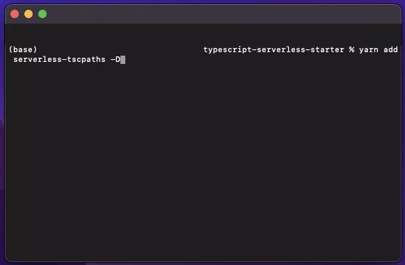 A screenshot of terminal showing you how to add the serverless-tscpaths dependency.