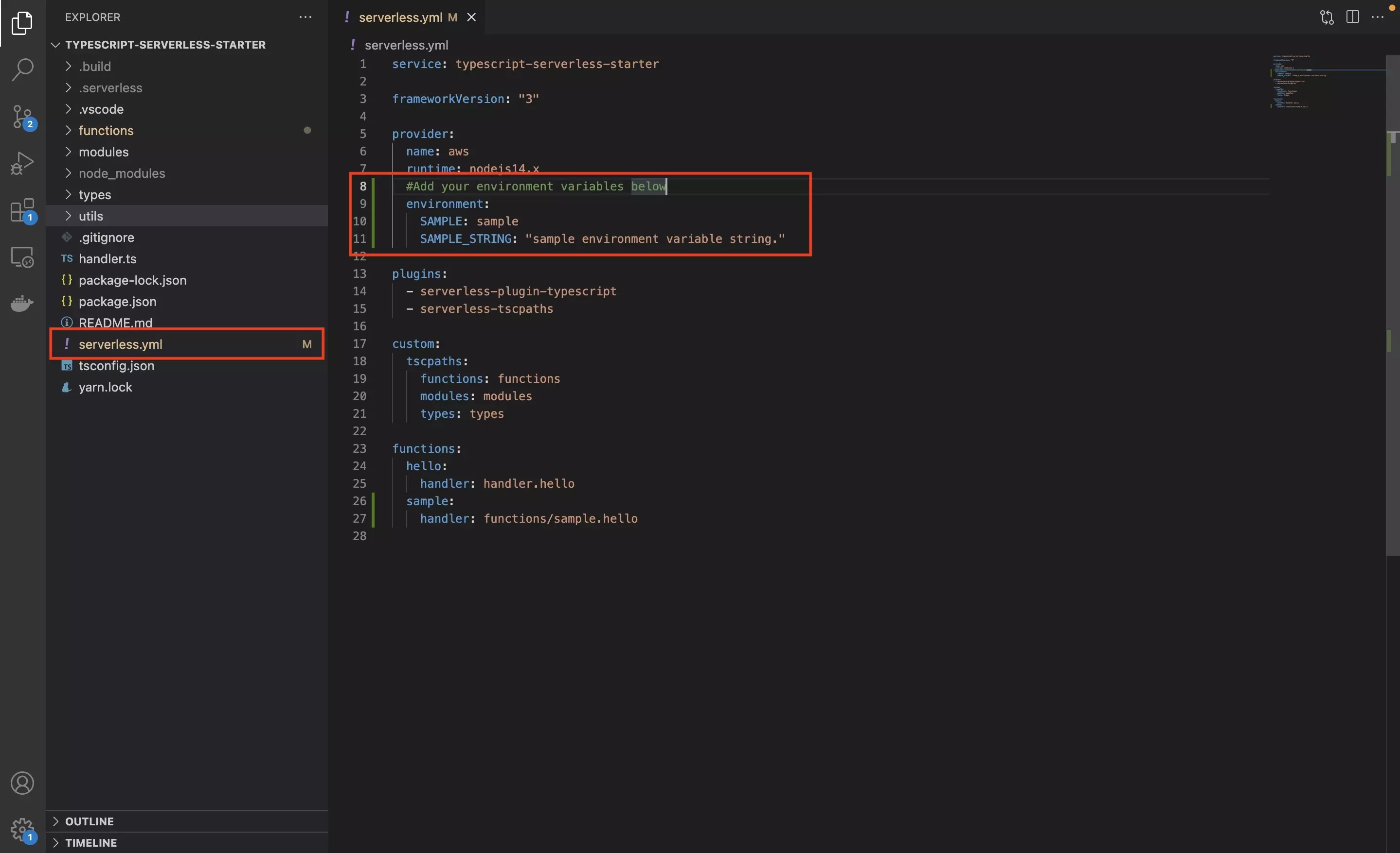 A screenshot of VSCode showing you how to add the Environment Variables to a serverless.yml. Add them indented in an environment parameter that is indented under the provider parameter.