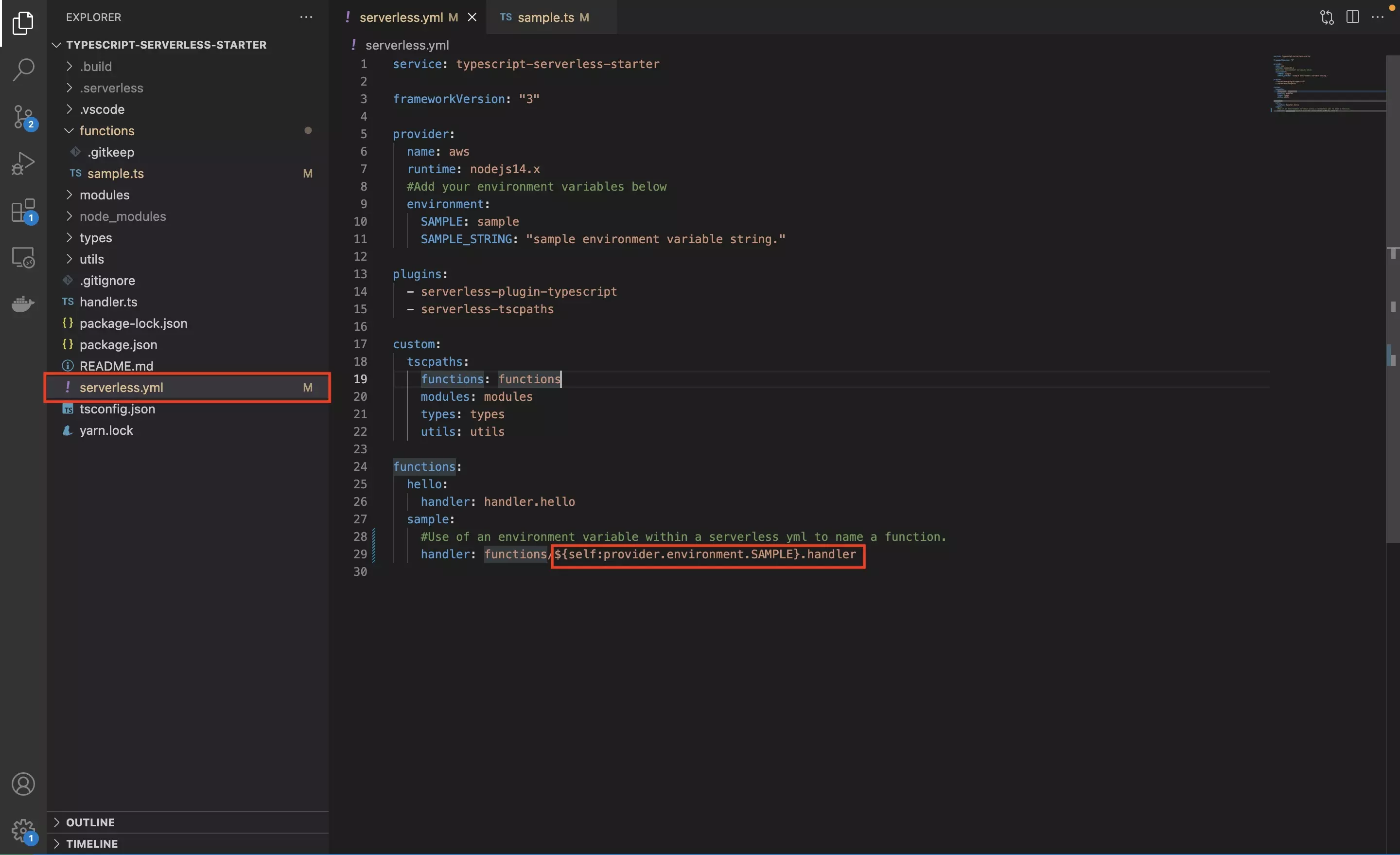 A screenshot of VSCode showing you how to use an environment variable within a serverless.yml. Use it using the markdown provided below.