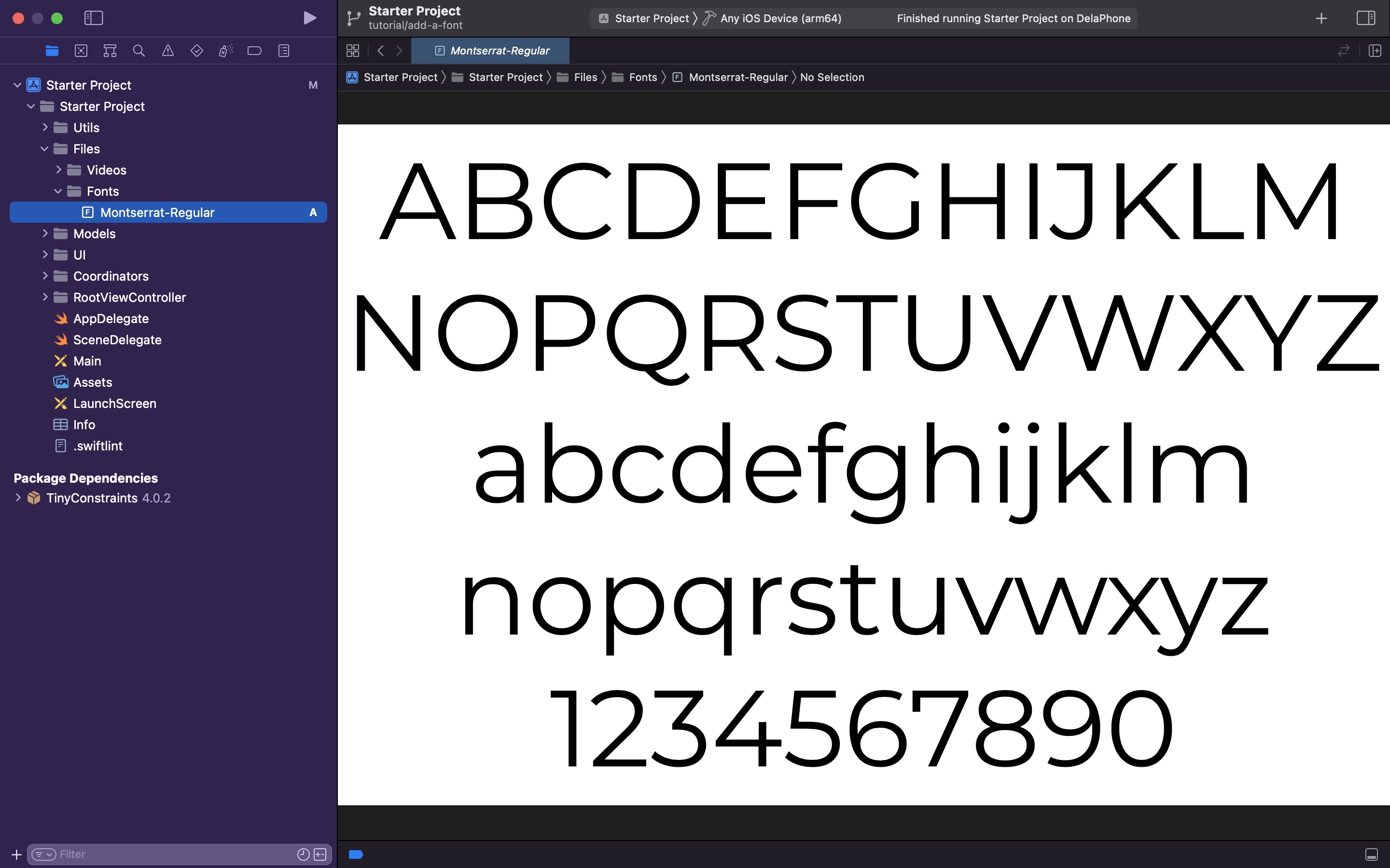 A screenshot showing the custom font that we added to Xcode. Carry the steps below to achieve this result.