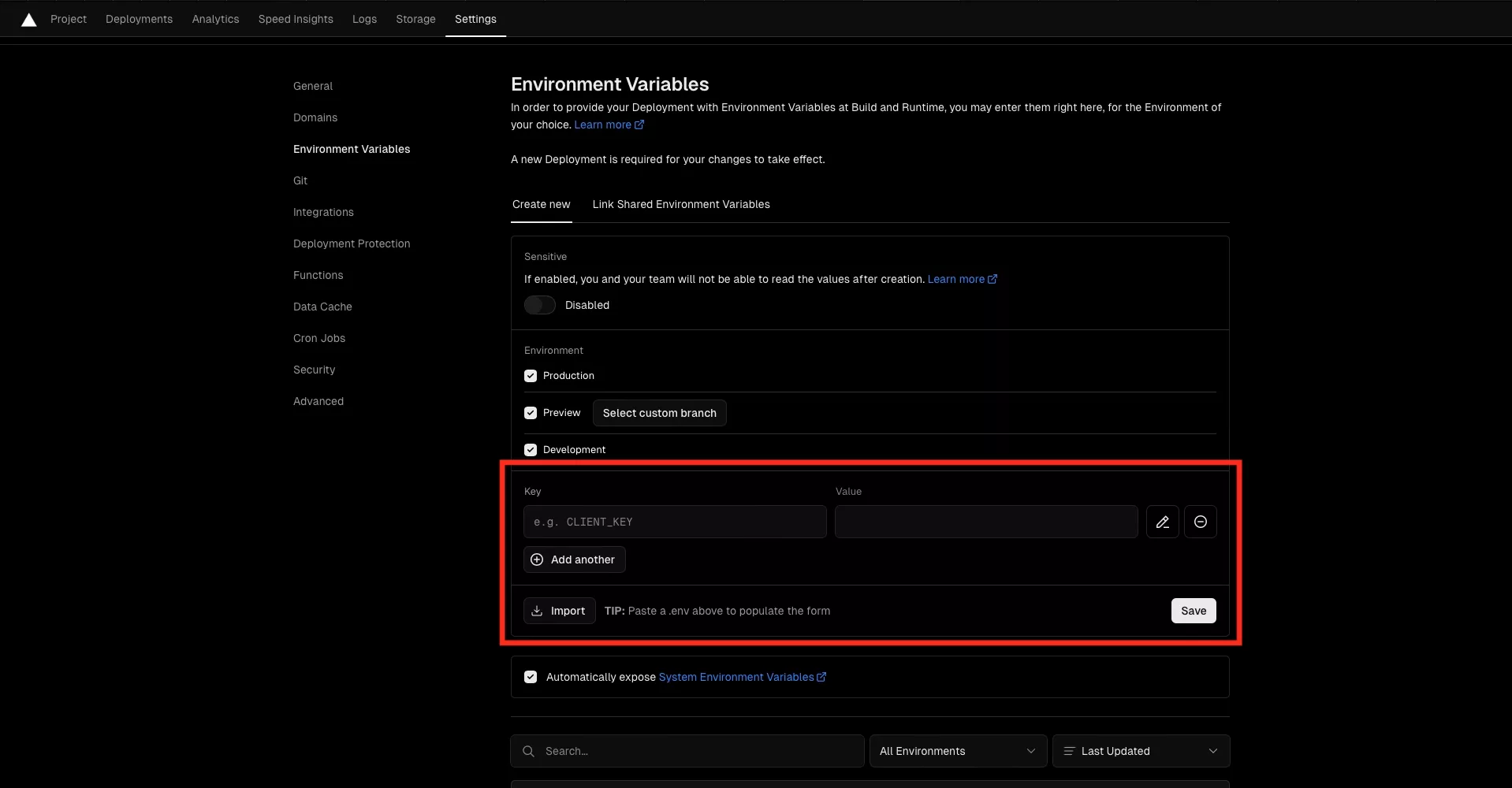 A screenshot of Vercel showing the environment variables page. Highlighted is the area where you can add new environment variables.