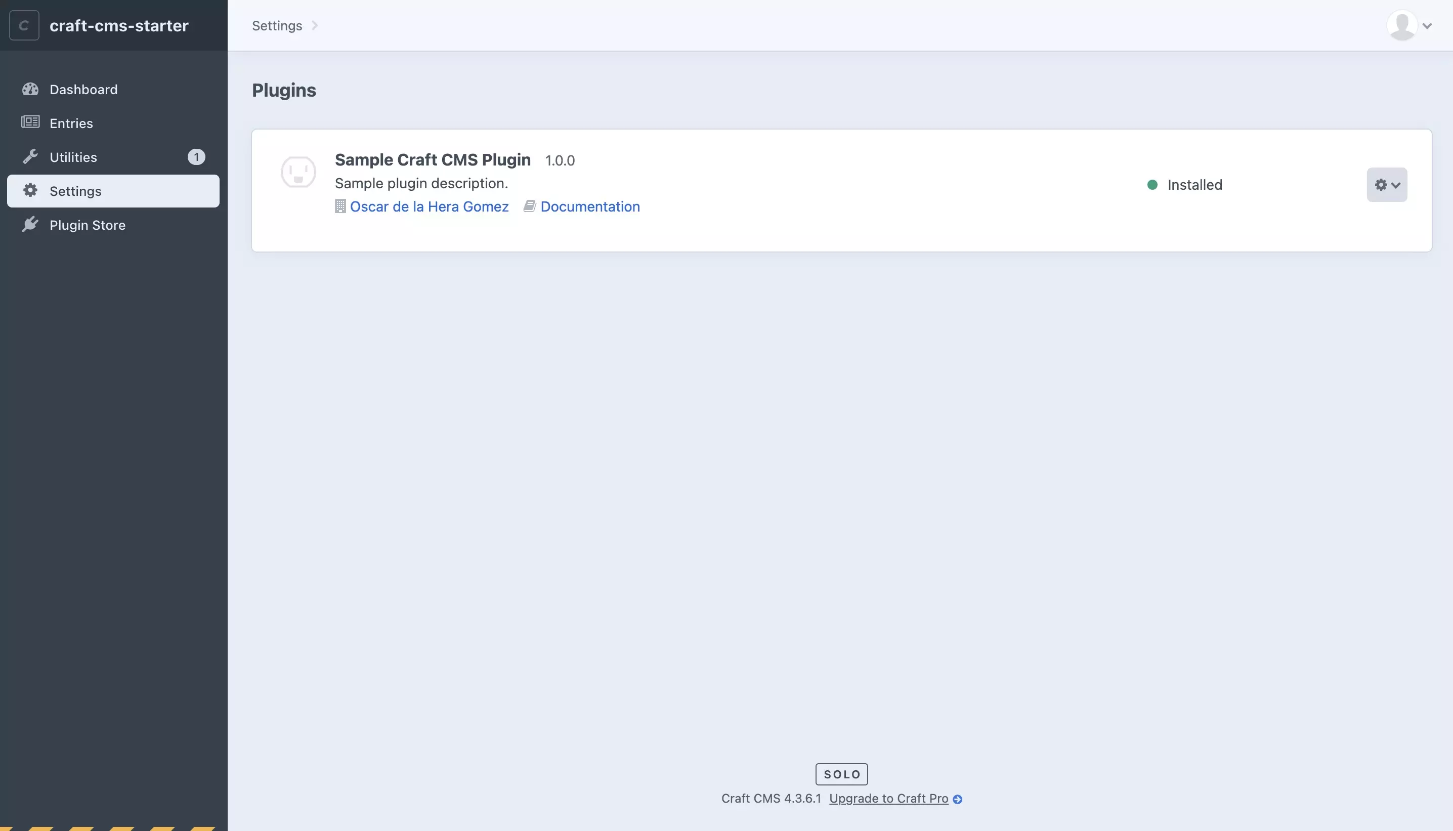 A screenshot of Craft CMS with our plugin title and description updated.