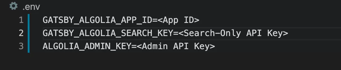 Add the following ENV Variables to your Gatsby App: GATSBY_ALGOLIA_APP_ID, GATSBY_ALGOLIA_SEARCH_KEY & ALGOLIA_ADMIN_KEY. Make sure to match them with your projects API keys from Algolia.com