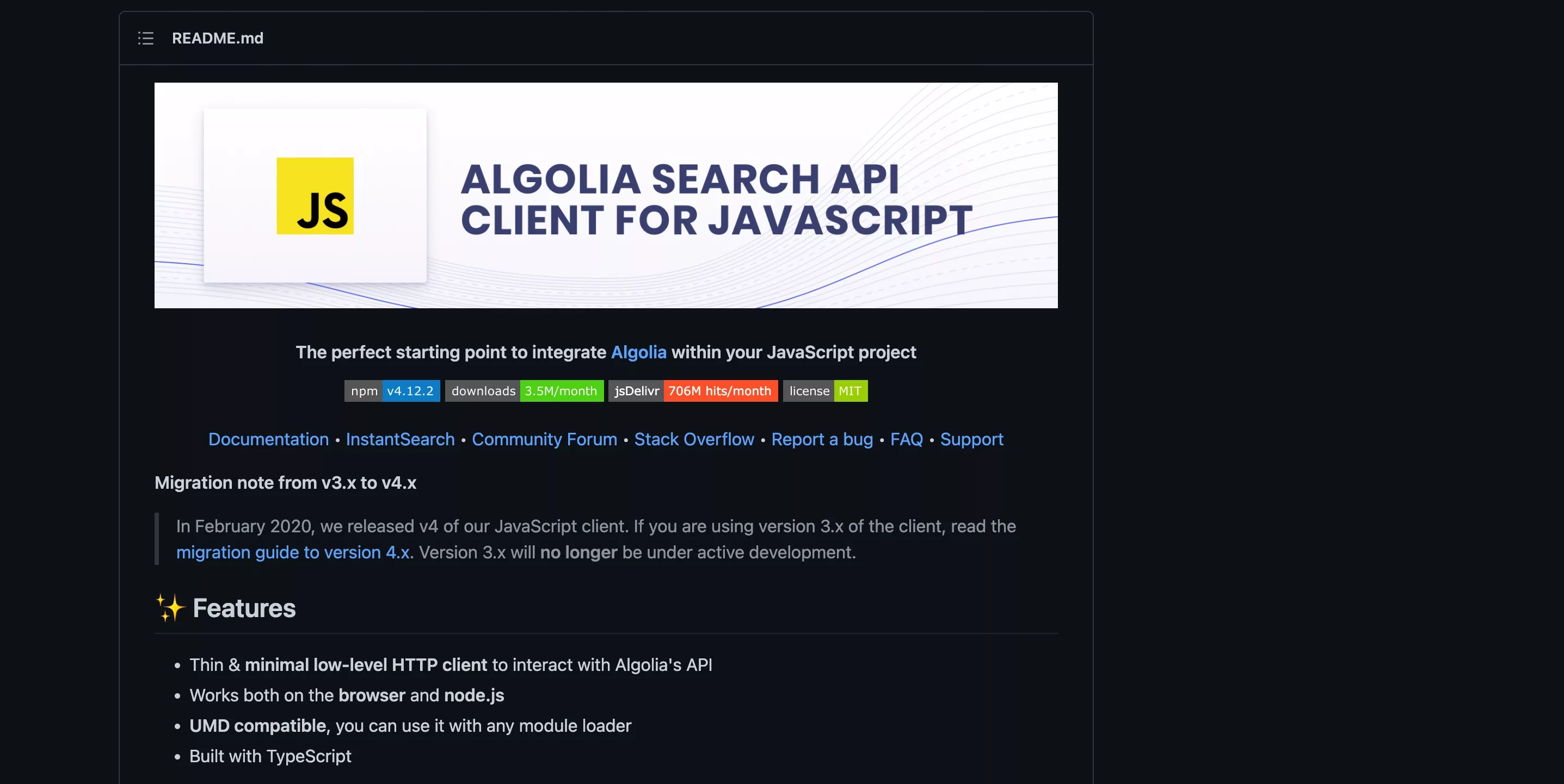 An image of Algolia Search's Github Readme