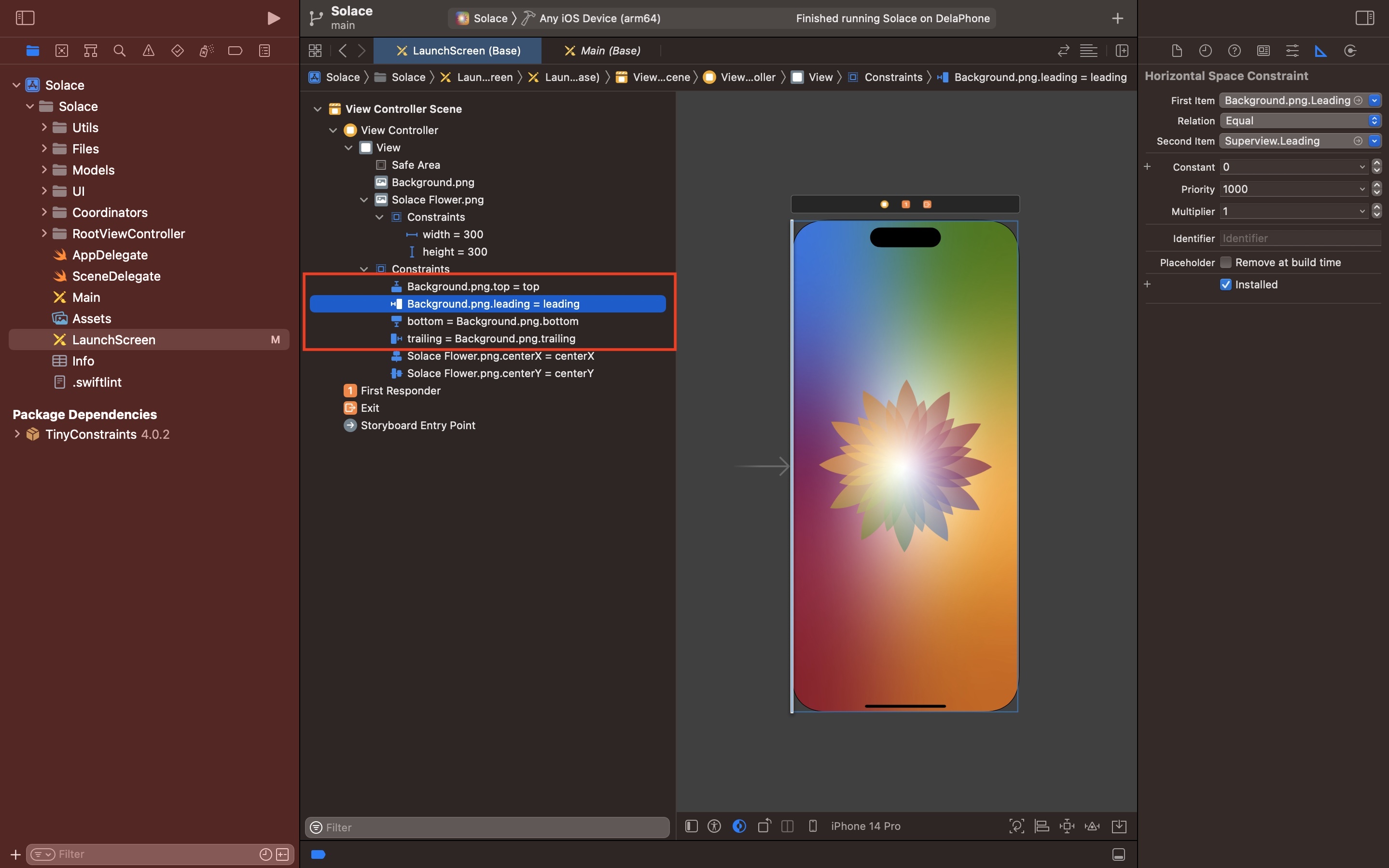 
<p>A screenshot of Xcode showing the launch screen storyboard. We have highlighted all the constraints on the storyboard inspector. The view controller on the screen shows how the "background" now touches all the edges of the view, and not the safe area insets.</p>
<p></p>