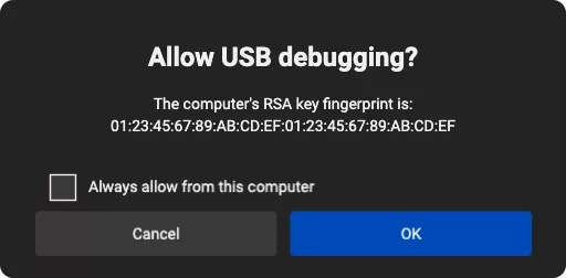 An image from the Oculus Developer website showing you what the Allow USB Debugging prompt looks like in a Meta Quest 2.