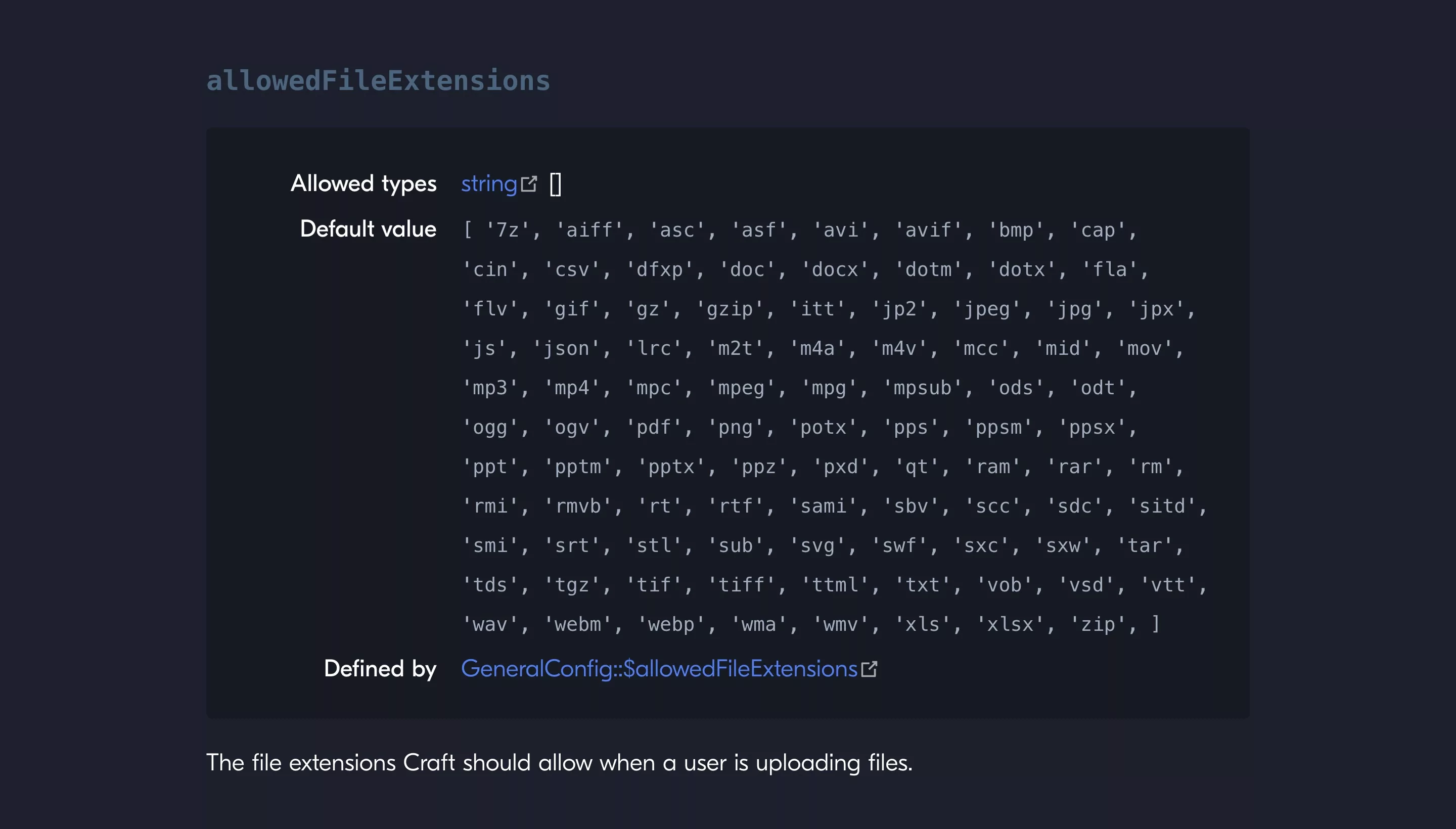 A screenshot of the Craft CMS file extensions that are allowed by default.