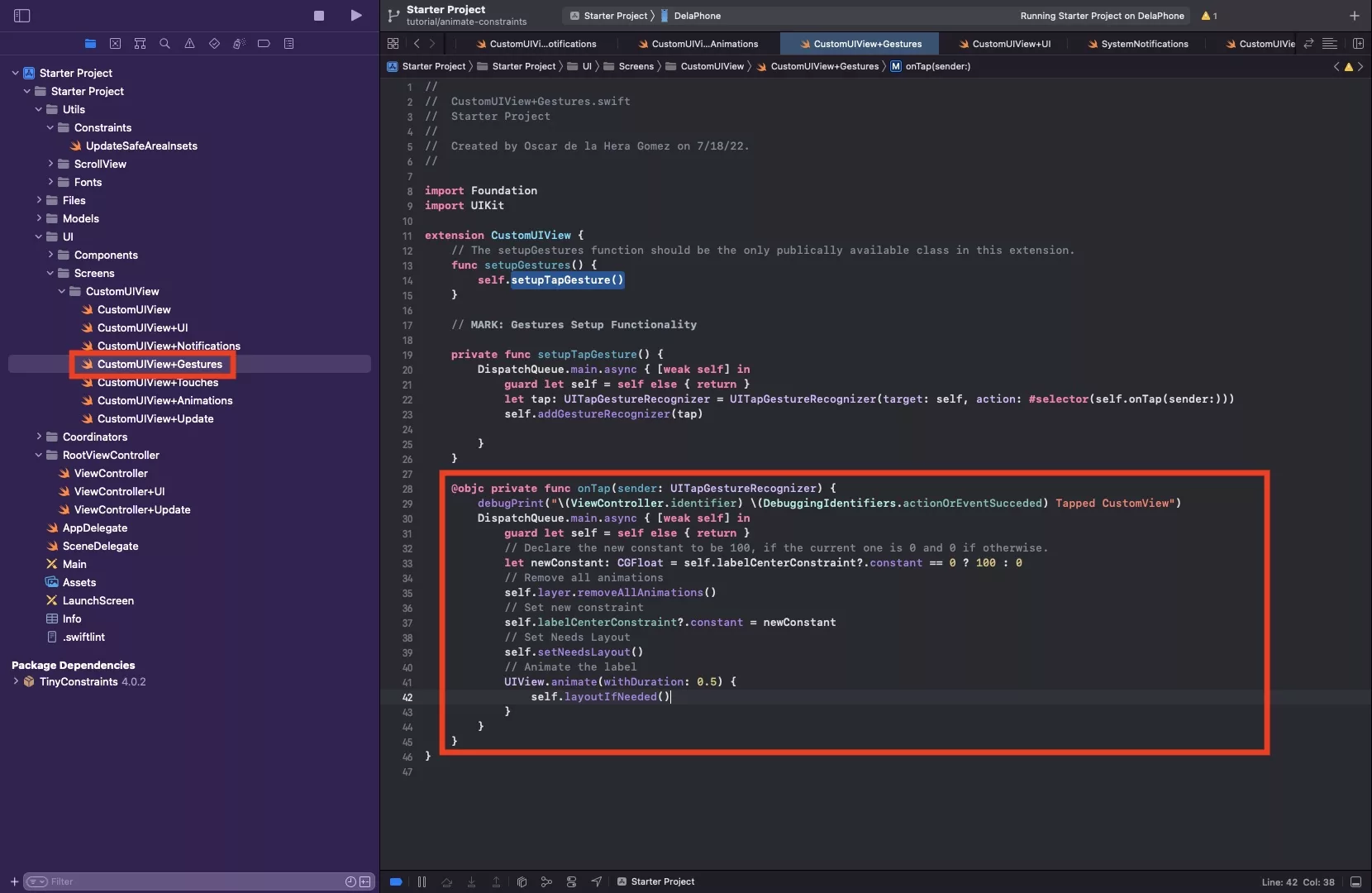 A screenshot showing you how to animate the constraint on tap.