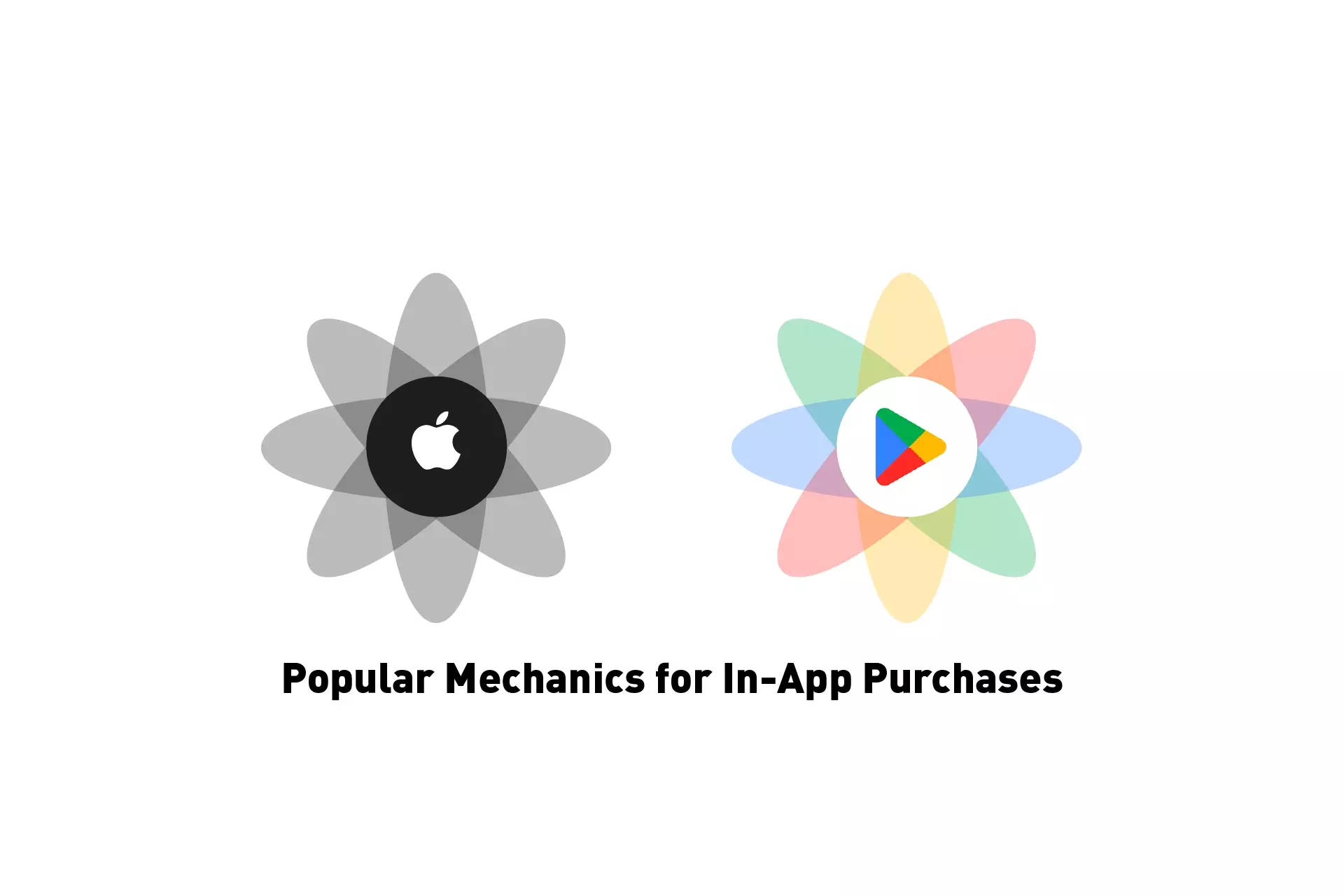 Two flowers that represent Apple and the Google Play Store side by side. Beneath them sits the text "Popular Mechanics for In-App Purchases."
