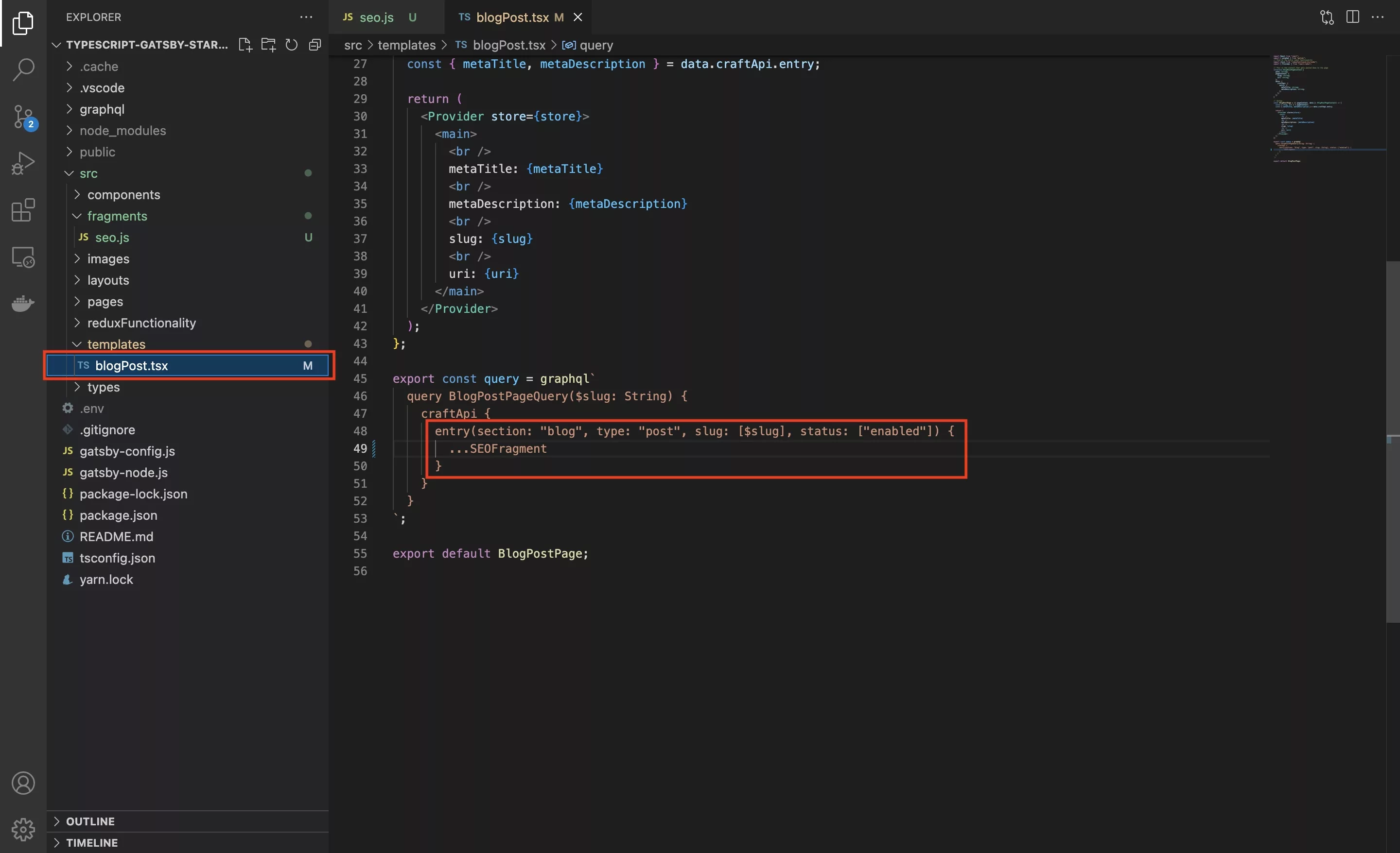 A screenshot of VSCode showing how we integrated the fragment into a query.