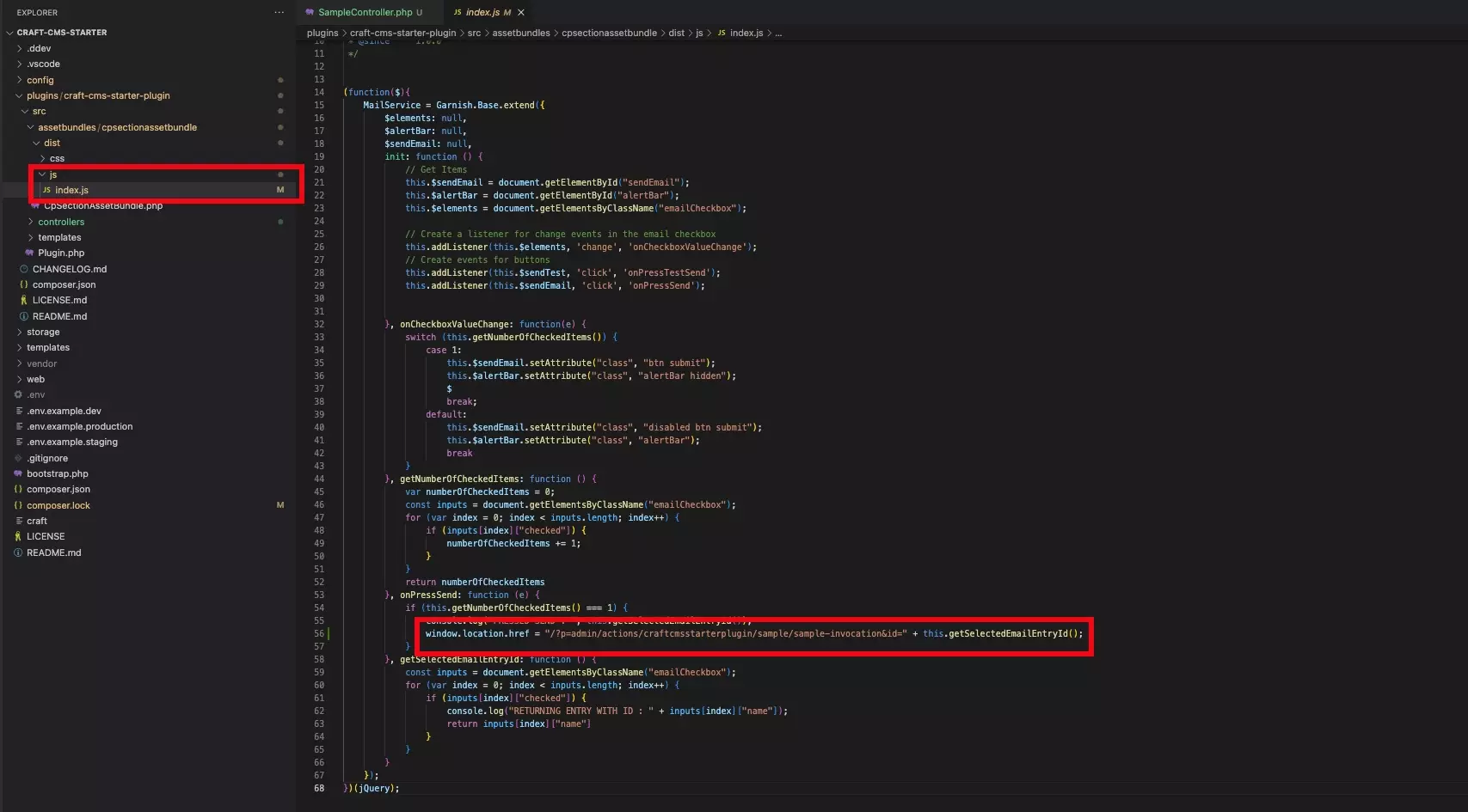A screenshot of VSCode showing the JS update that we made to call the controller action.