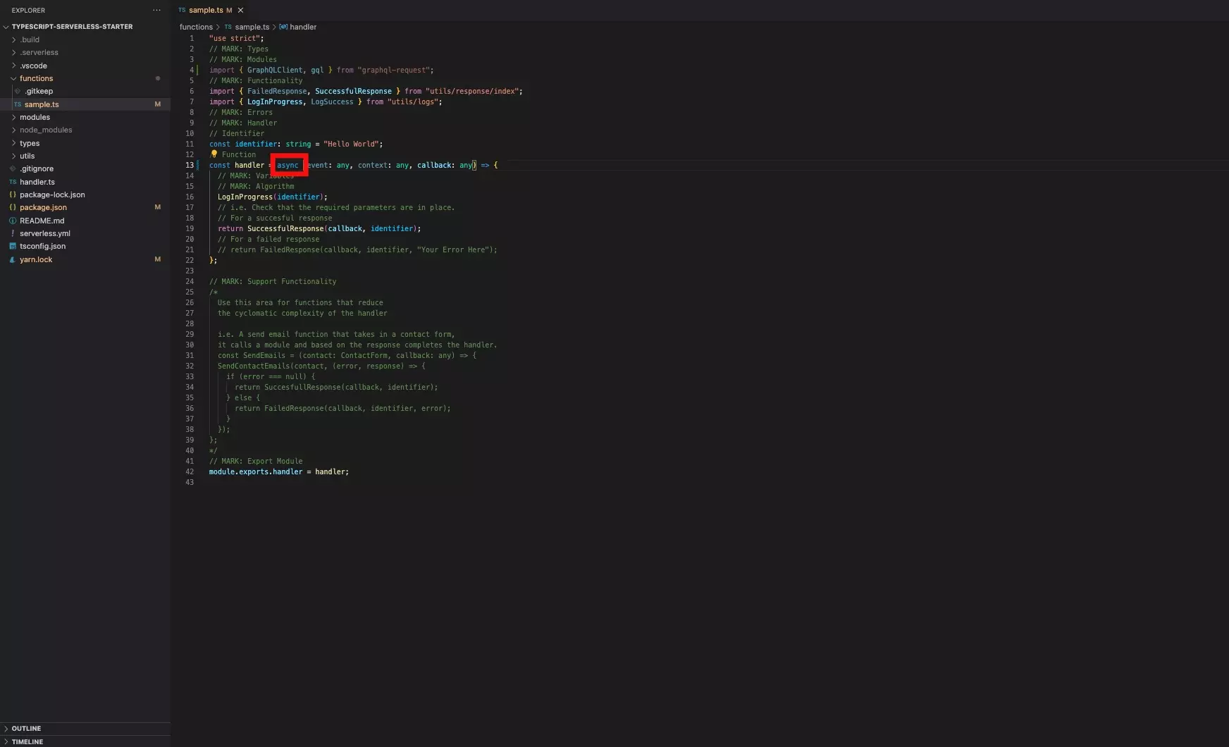 A screenshot of VSCode showing how we made our function asynchronous.