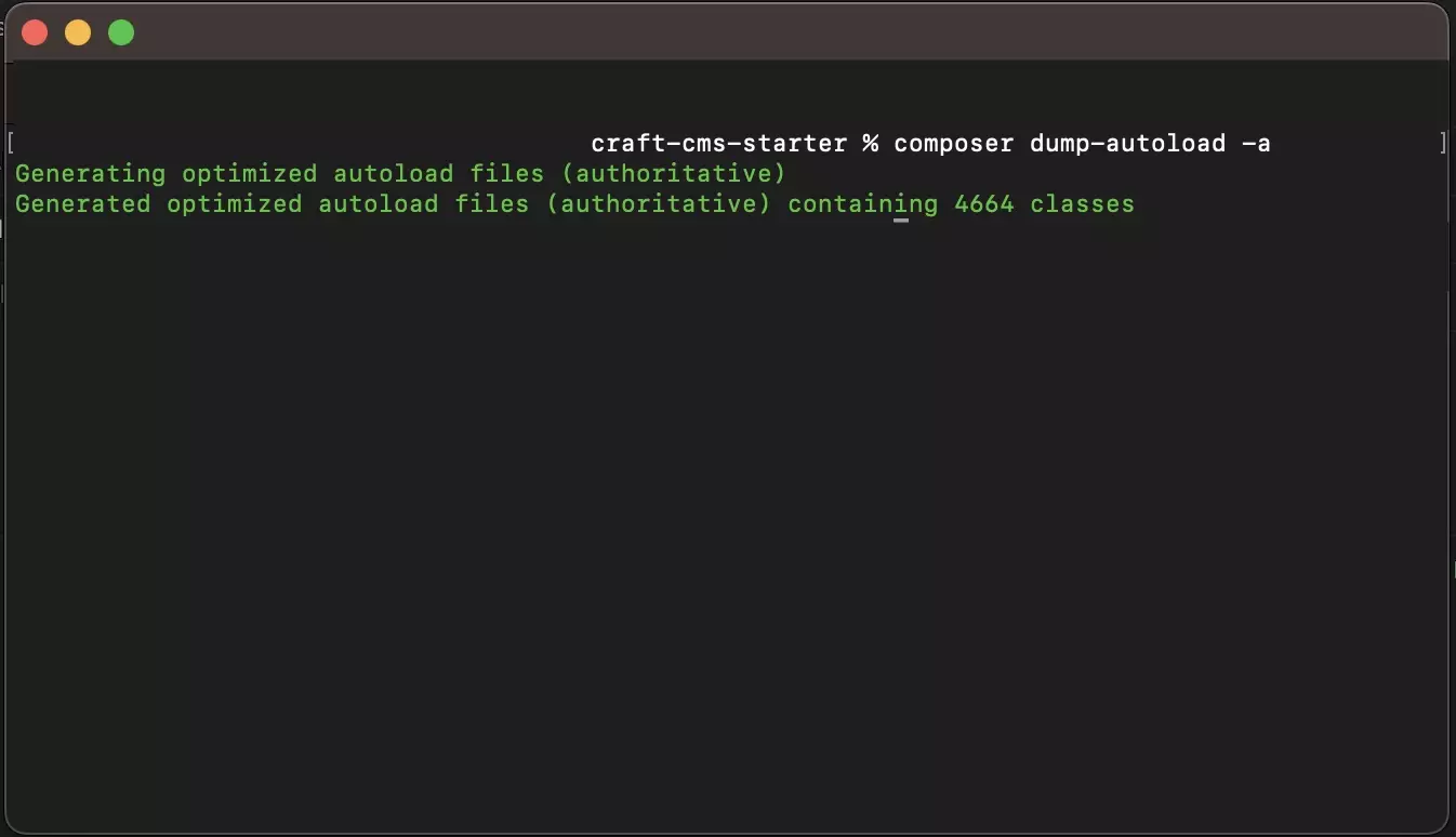 A screenshot of Terminal running composer dump-autoload -a.