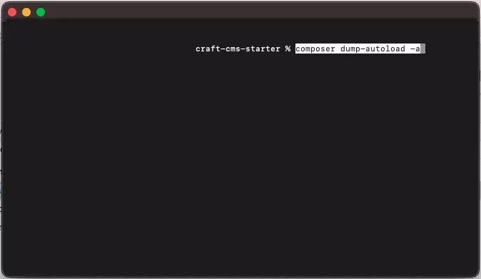 A screenshot of Terminal showing you how to run the composer dump-autoload -a command.