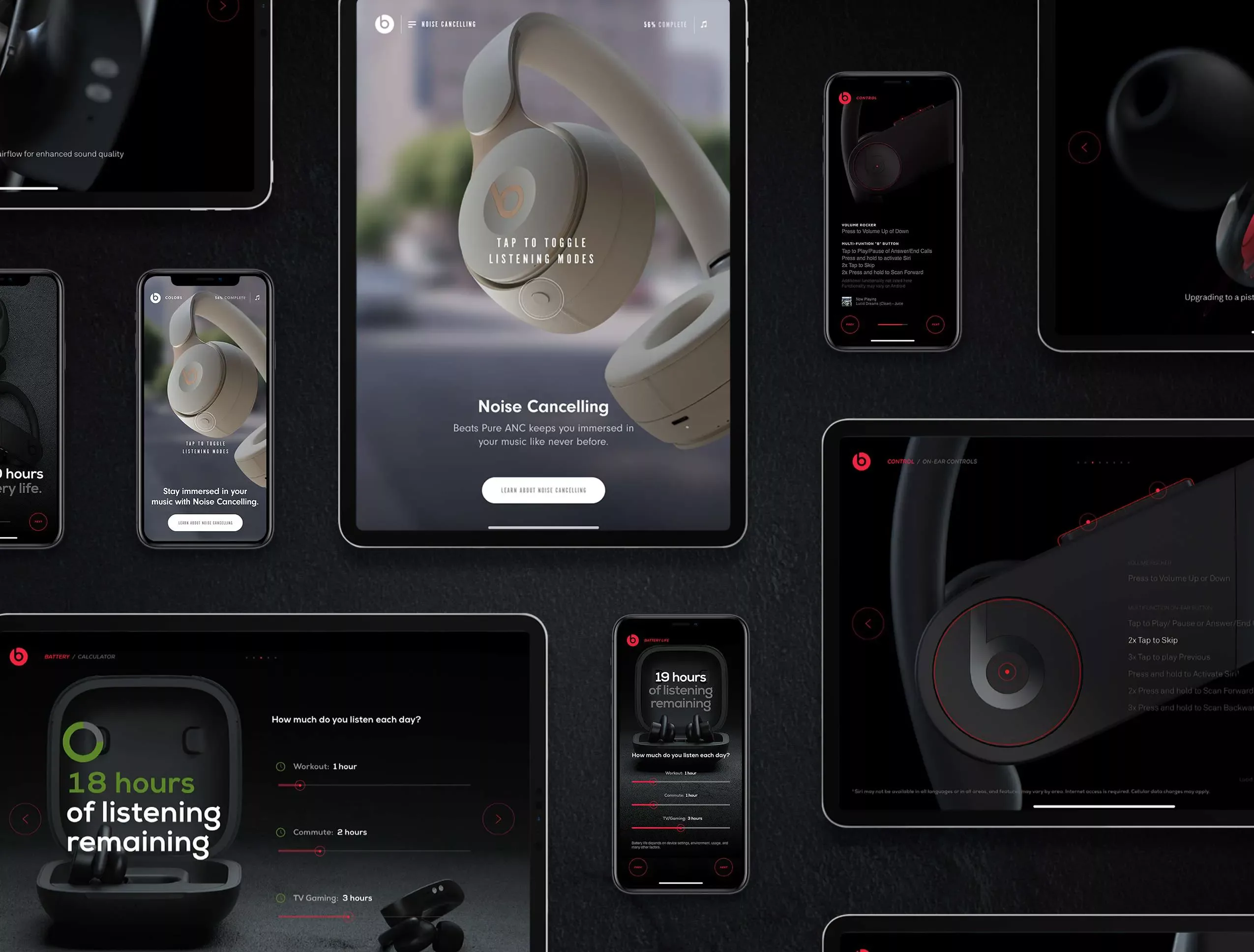 A series of screens that represent a suite of iOS iPad and iPhone applications intended to help Apple Store Employee's understand the details behind Powerbeats Pro and Solo Pro 3 headphones.